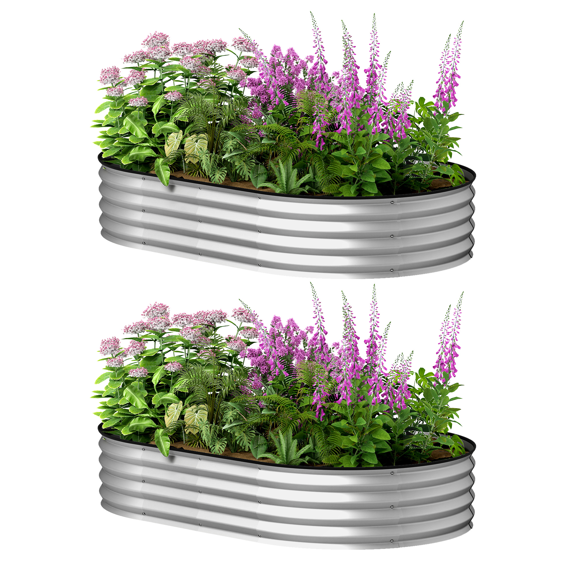Outsunny Set aus 2 erhöhten, verzinkten Stahl-Pflanzkästen, Gartenbett-Kit, Gummiumrandung und offener Boden, für Gemüse, Obst, Blumen, 152 x 91 x 30 cm, Silber Aosom