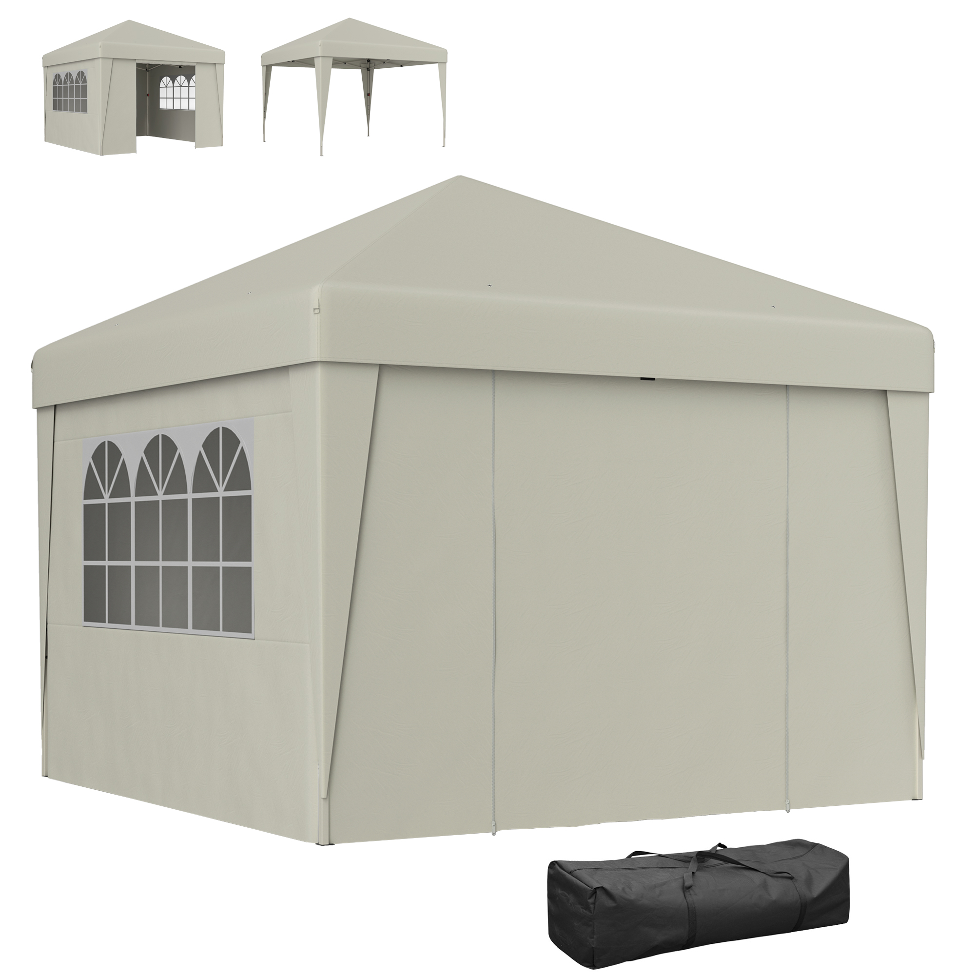 Outsunny Gartenpavillon Pop-up Faltpavillon Partyzelt 3 x 3 m UV-Schutz 30 + mit Fenstern Seitenwänden Transporttasche Sandsäcken Creme   Aosom