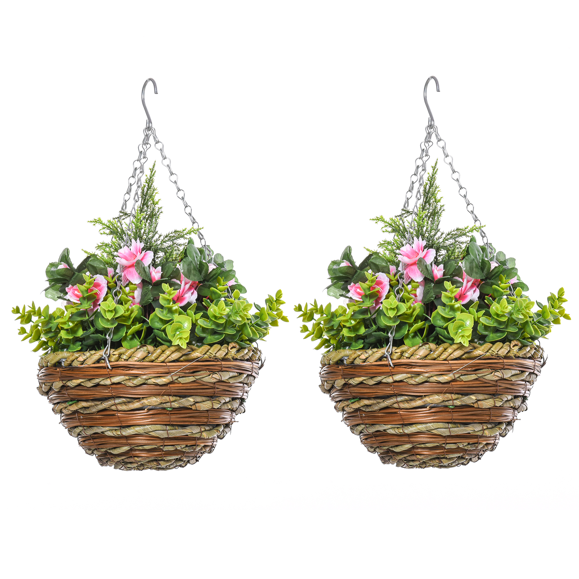 Outsunny Set 2 Künstliche Lisianthus-Pflanzen mit Korb und Haken, Kunststoffpflanzen aus PE und Weide, Ø25x34 cm, Grün und Rosa Aosom