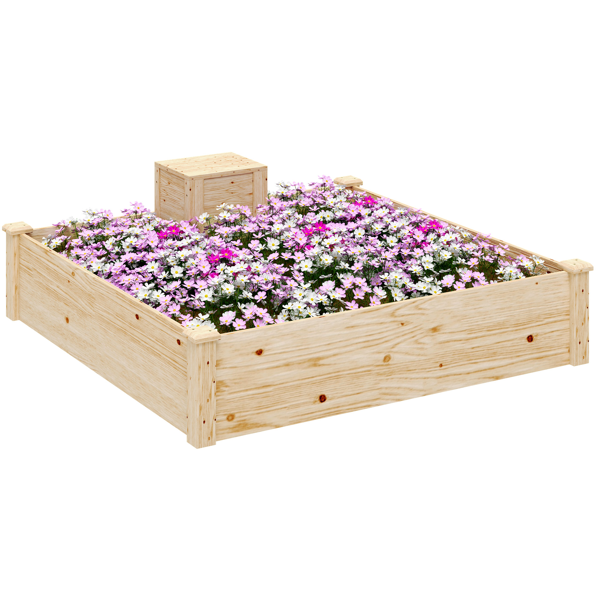 Outsunny Hochbeet aus Holz, quadratisches Außenbeet mit Kompostschale, offenes Bodendesign, Blumenbeet für Gemüse und Blumen im Garten, Terrasse oder auf dem Patio, 123 x 123 x 25,5 cm, Naturholz Aosom