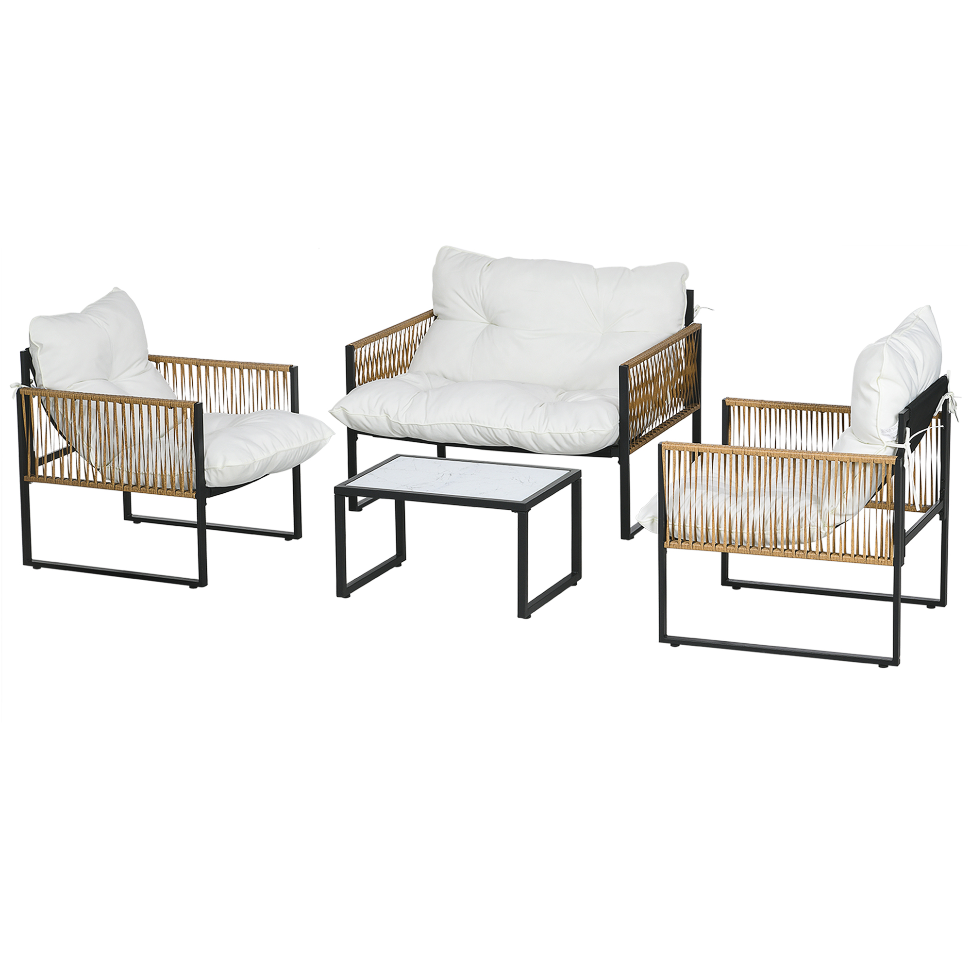 Outsunny Gartenmöbel-Set 4-teilig Gartenmöbel Sofa 2-Sitzer 2 Sessel und 1 Couchtisch mit gehärteter Glasplatte 3 Kissen Stahl und PE-Rattan - Creme   Aosom