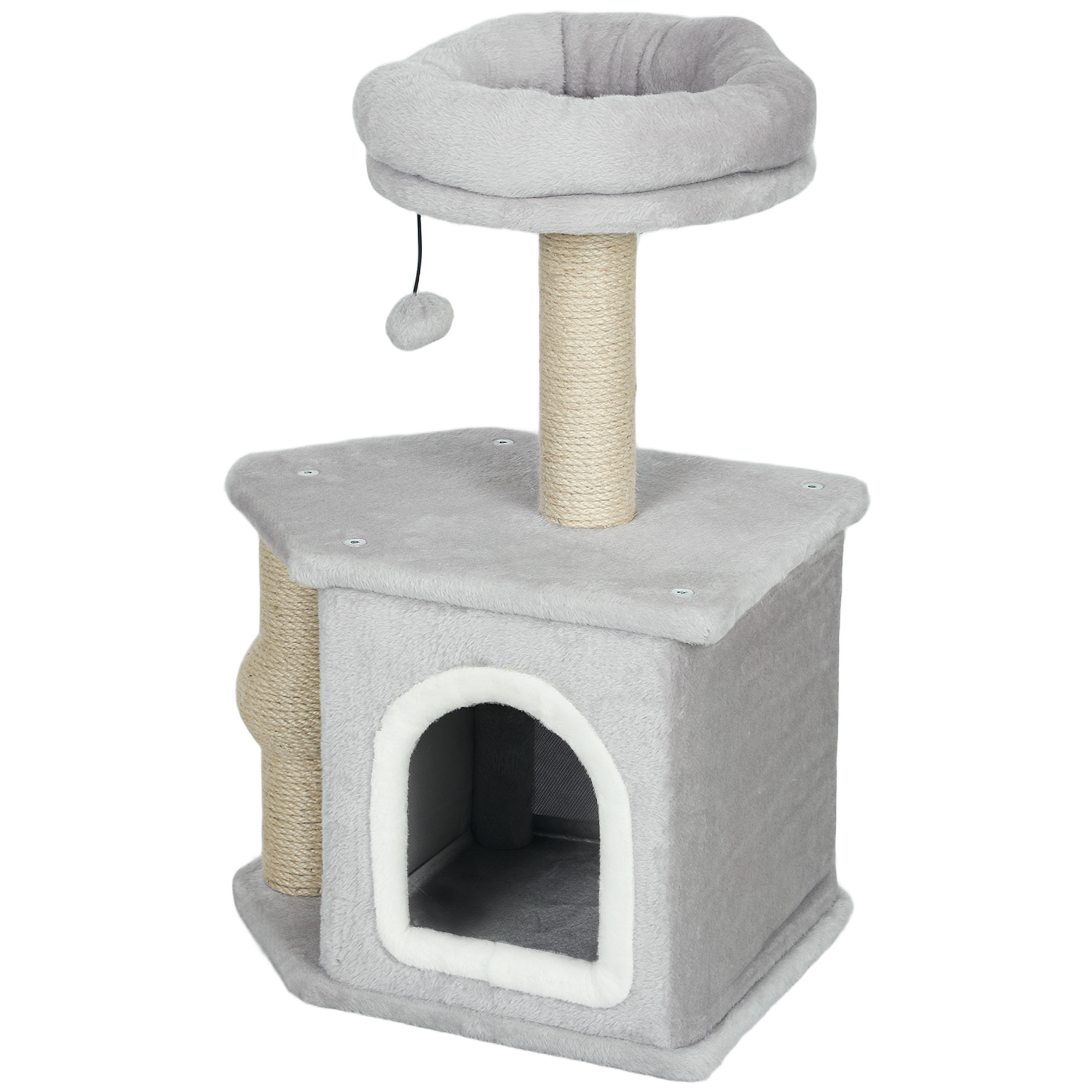 PawHut Katzenbaum, Spielzeugturm für Katzen, 66 cm hoch, mit Kratzsäulen aus Jute, Katzenbett-Haus, Plattform, Spielball, Hellgrau   Aosom