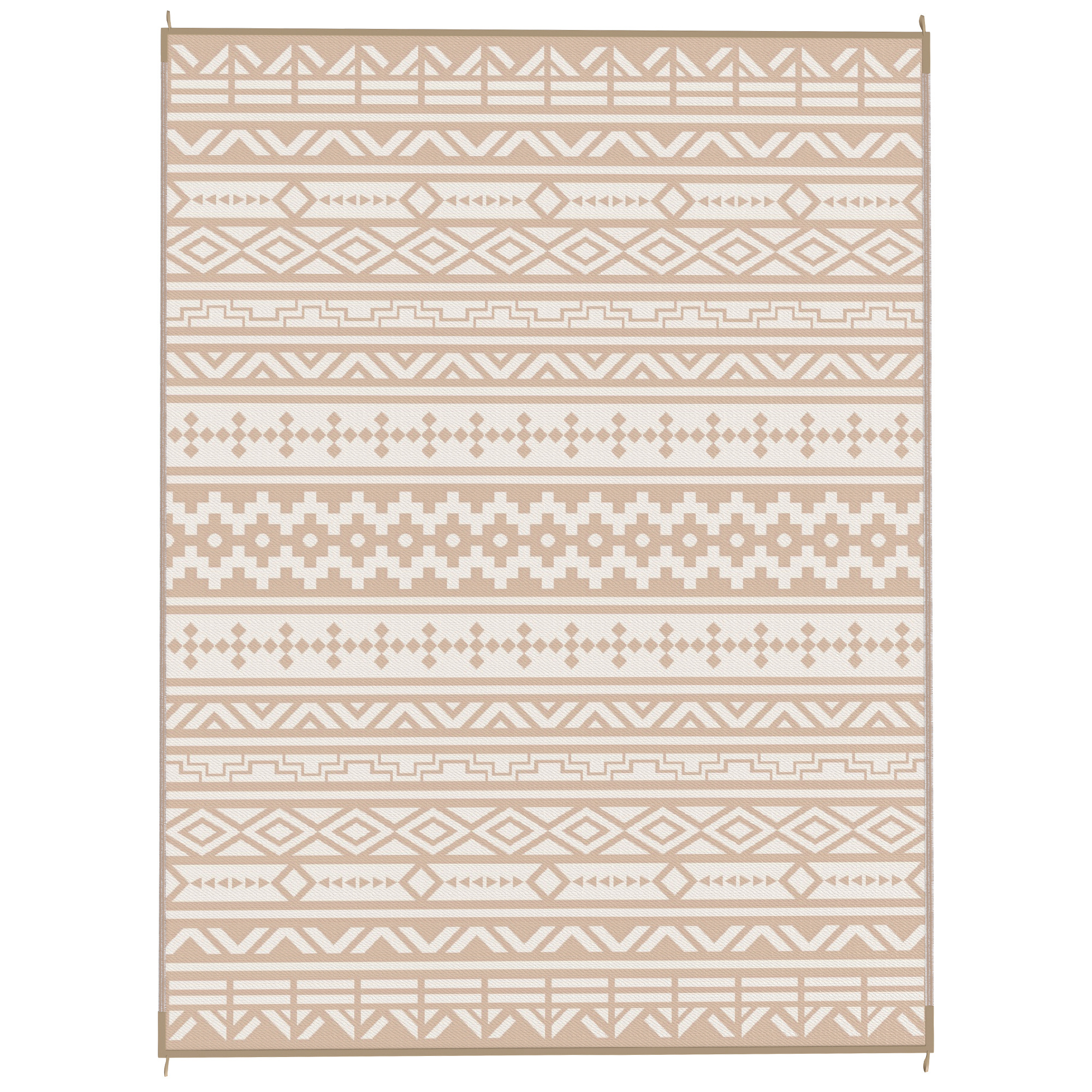 Outsunny Outdoor-Teppich, beidseitig verwendbar 3,7 x 2,7 m, Bodenteppich mit geometrischem Mauerdesign aus wetterbeständigem PP, inklusive Transporttasche, Outdoor-Teppich Terrasse, Khaki und Beige   Aosom