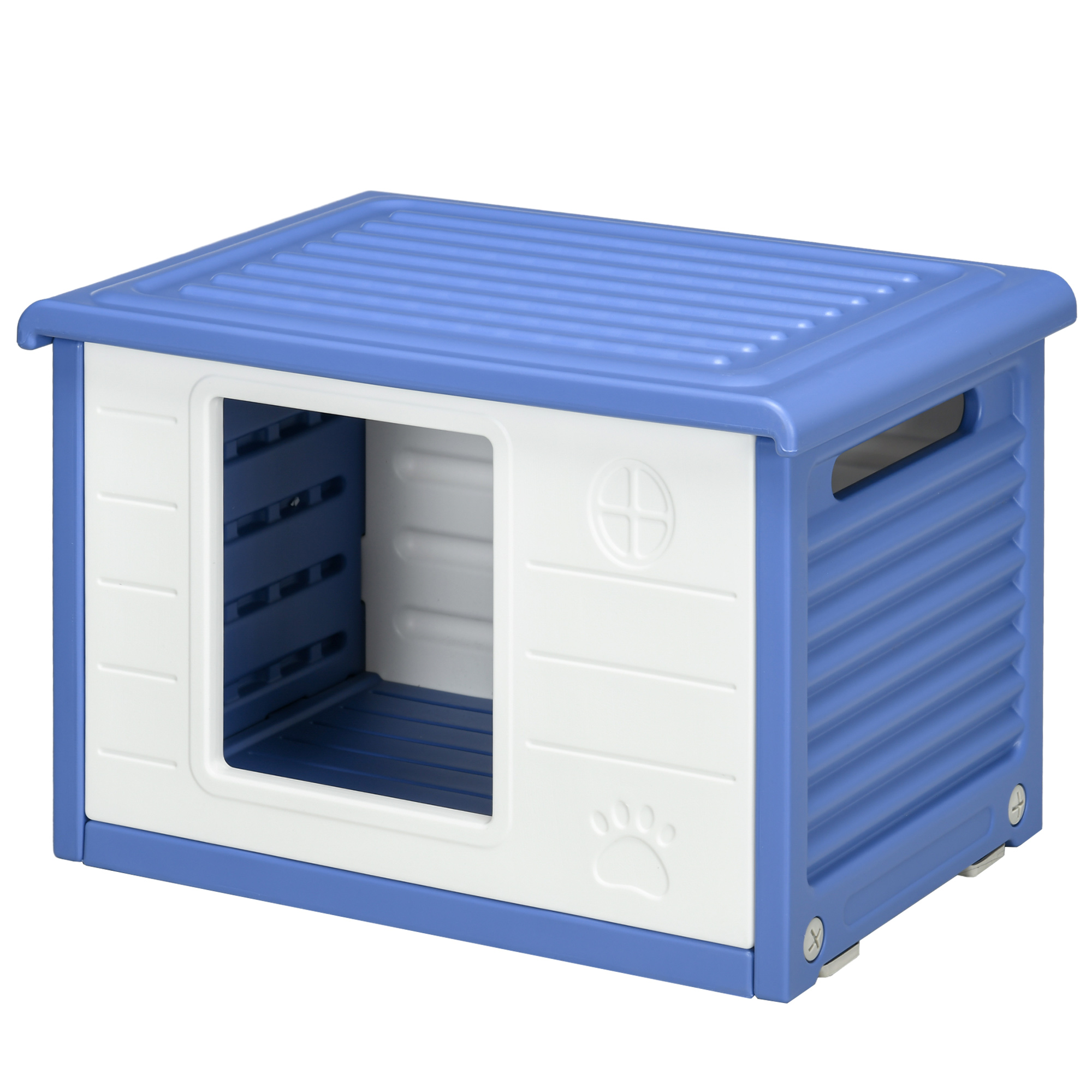 PawHut Hundehütte draußen Hundehütte für Welpen aus Kunststoff Hundehaus mit Belüftungsöffnungen wasserdicht dim. 60L x 42B x 40H cm blau und weiß   Aosom