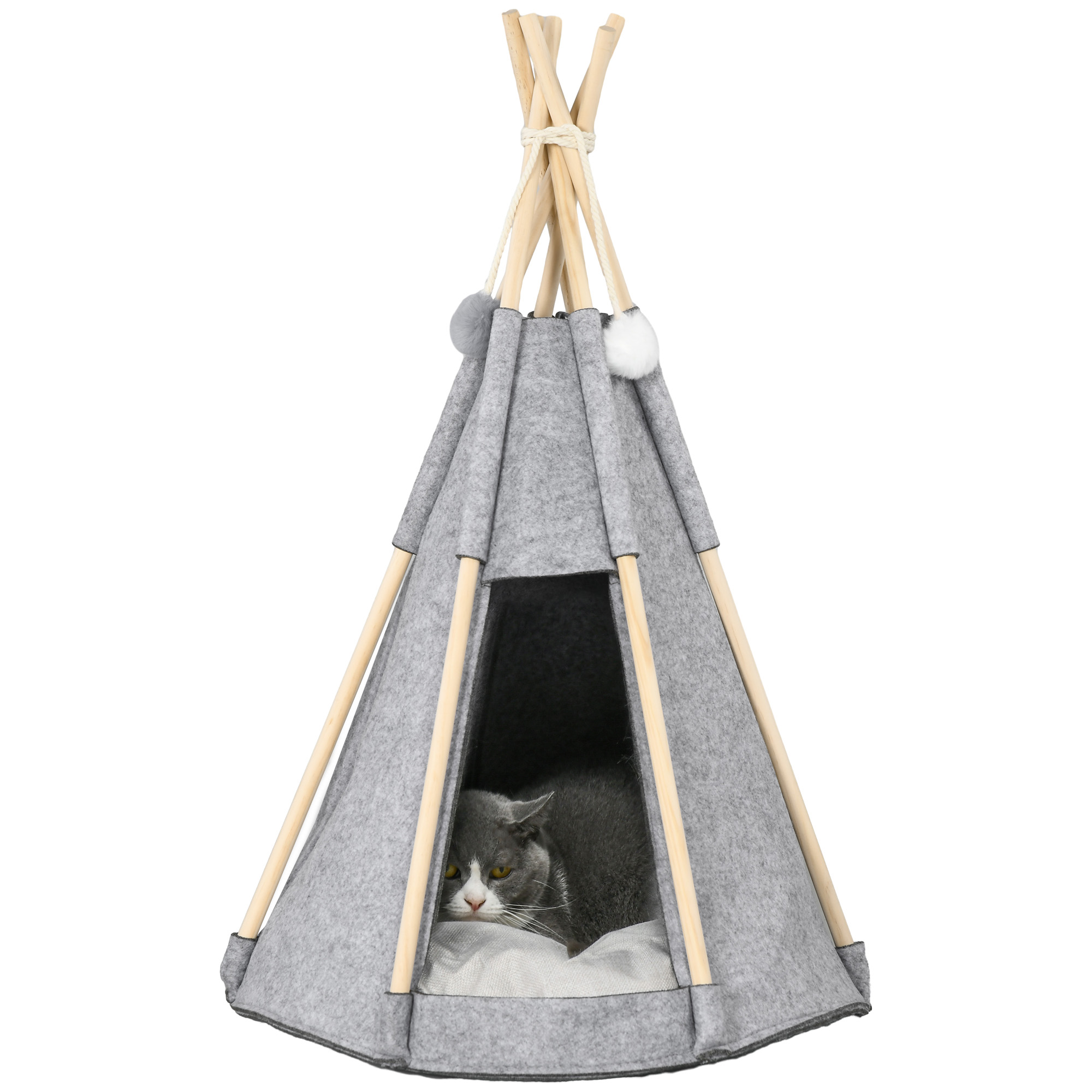 PawHut Tipi Zelt für Haustiere - Teepee Katze oder Hund - dicker Kissen für maximalen Komfort 2 Pompons inklusive - Holzstruktur aus Kiefer Filz Plüsch grau   Aosom