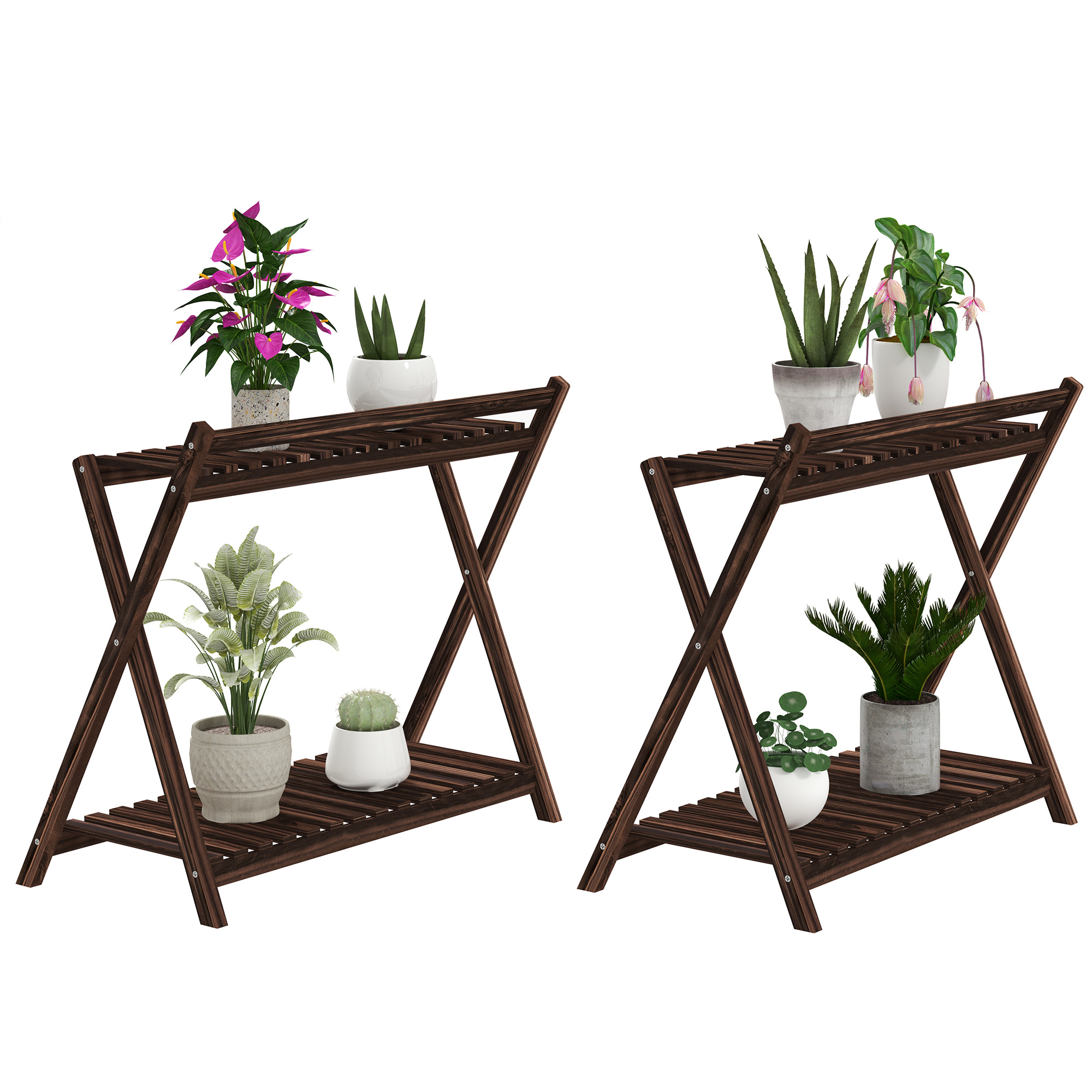 Outsunny Set aus 2 Innenpflanzenständern 2 Ebenen, Holzregale mit Rückenstütze, Innen- und Außenblumentopfständer, für Garten, Balkon, Wohnzimmer, Braun Aosom