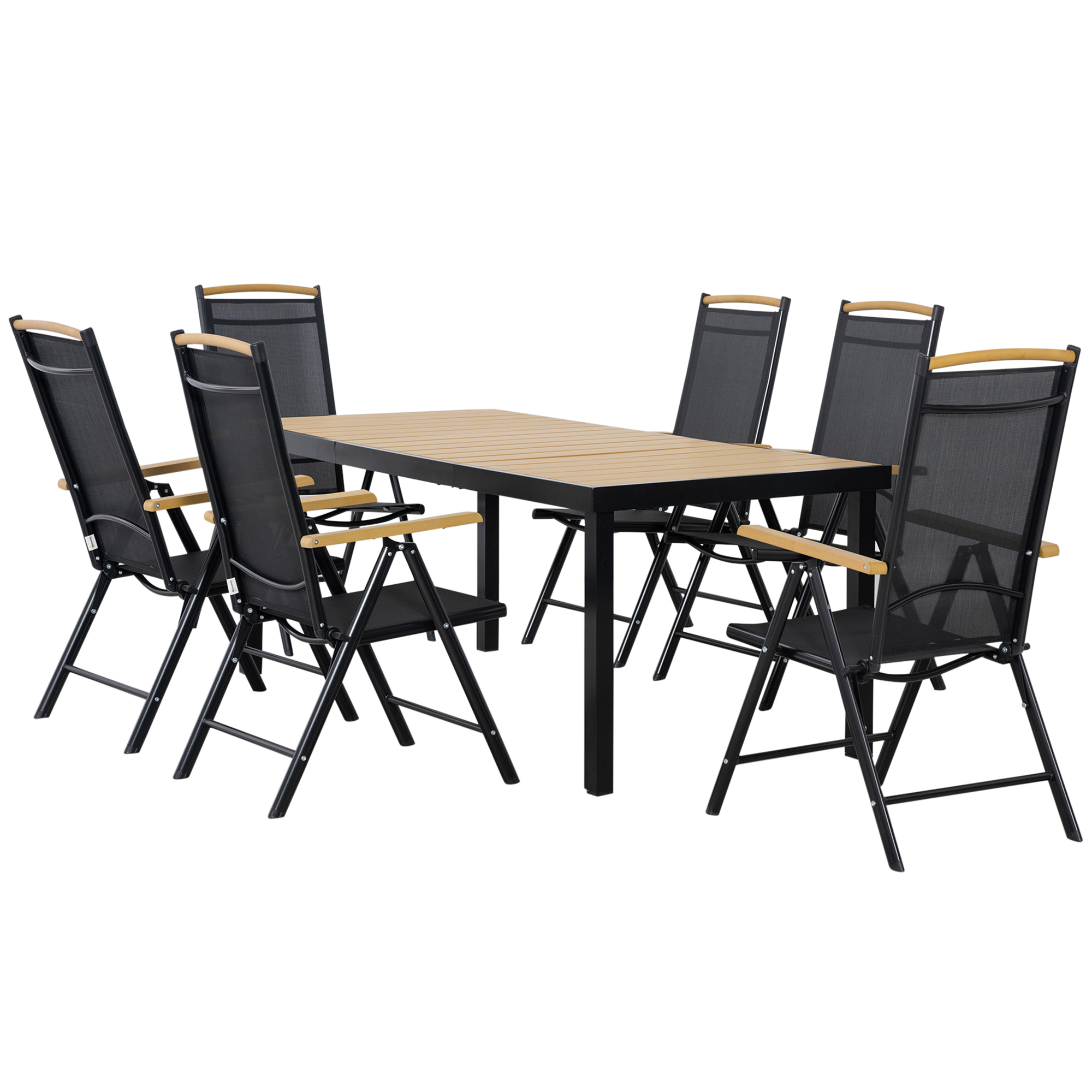 Outsunny Outdoor Gartenmöbelset 6 Personen, 190 cm Gartentisch mit 6 Stühlen, Aluminiumrahmen, klappbare und verstellbare Stühle, schwarzes Gartenmöbel-Set für Terrasse, Patio Aosom