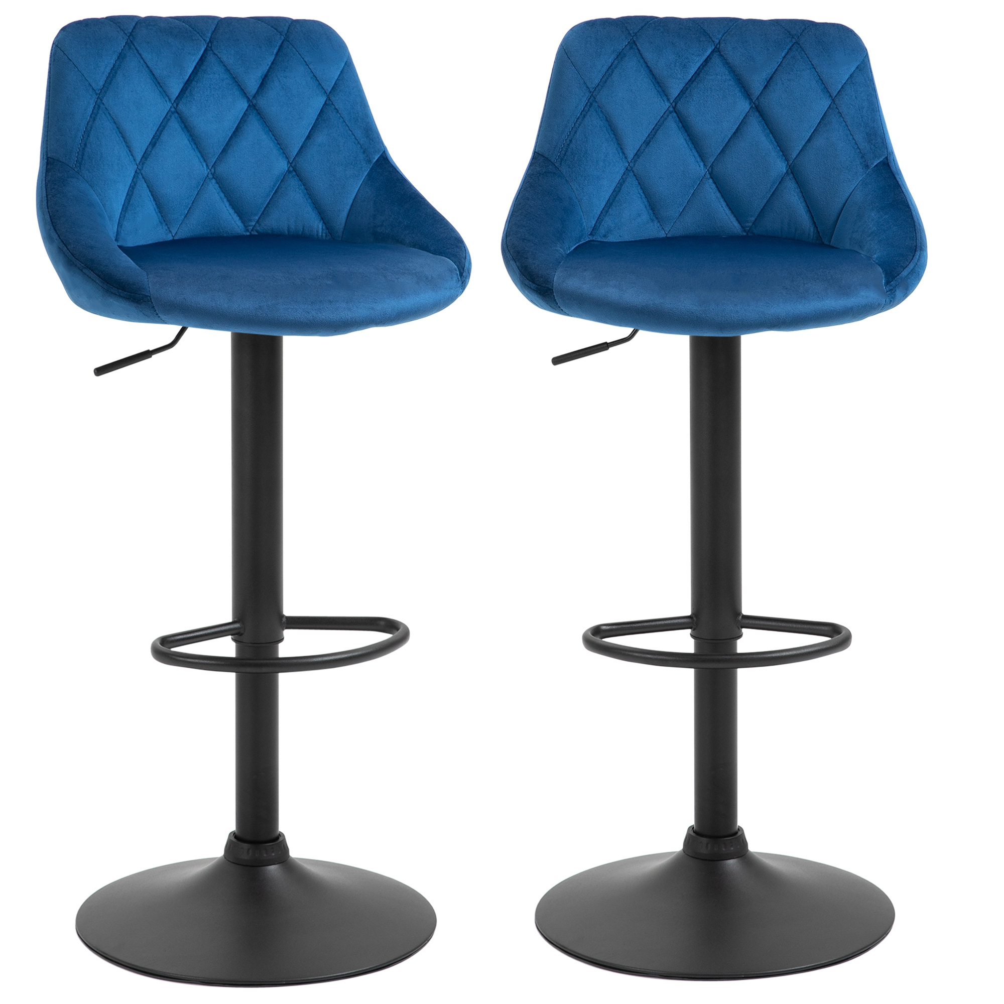 HOMCOM Set 2 Barhocker, Höhenverstellbar mit Metallsockel und Samtsitz, Moderne Barhocker mit Rückenlehne und Fußstütze, 46x48x83-104cm, Blau   Aosom