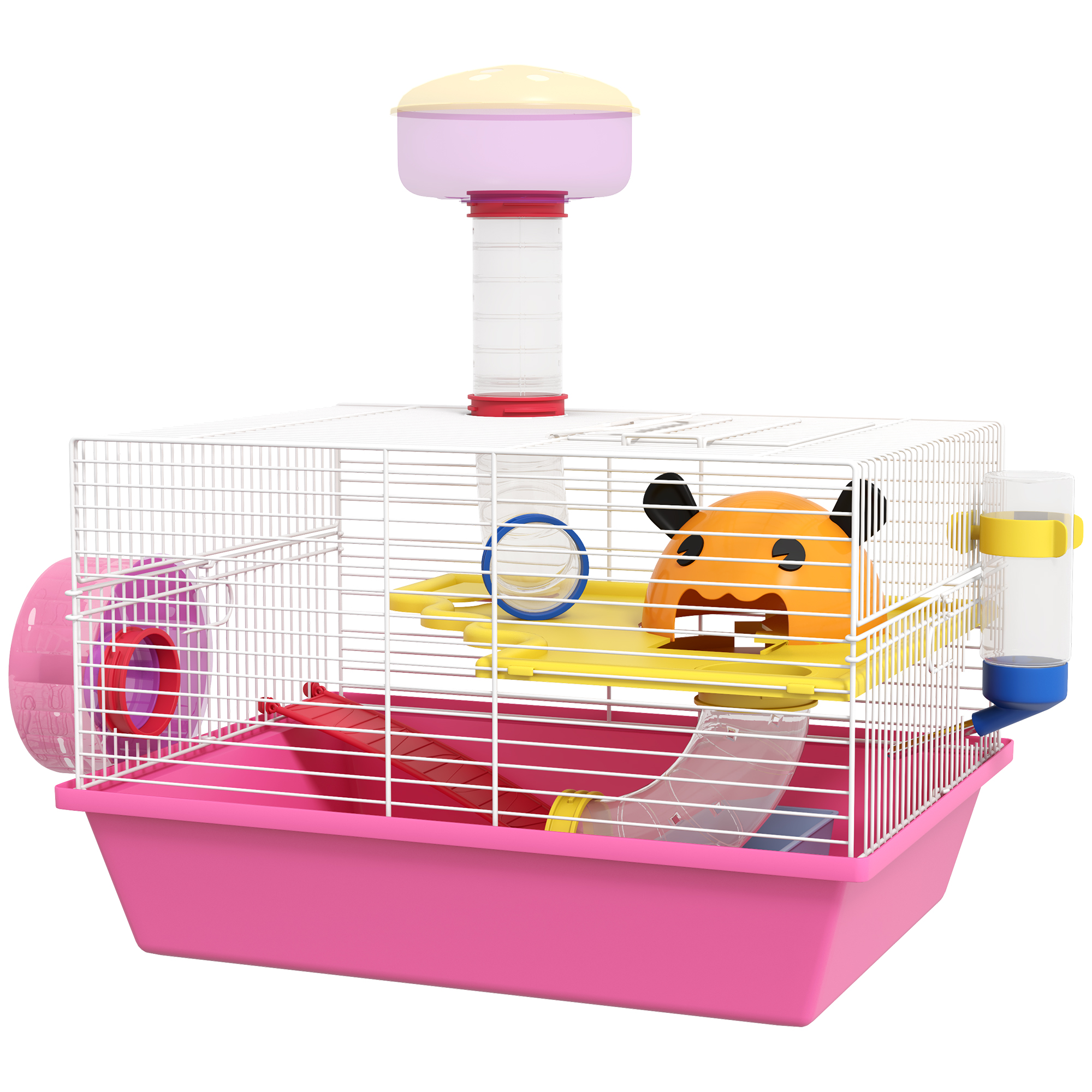 PawHut Käfig für Hamster Ratte Nagetier mit Plattform, Trinkflasche, Rad, Haus, 34 x 27 x 25 cm, rosa   Aosom