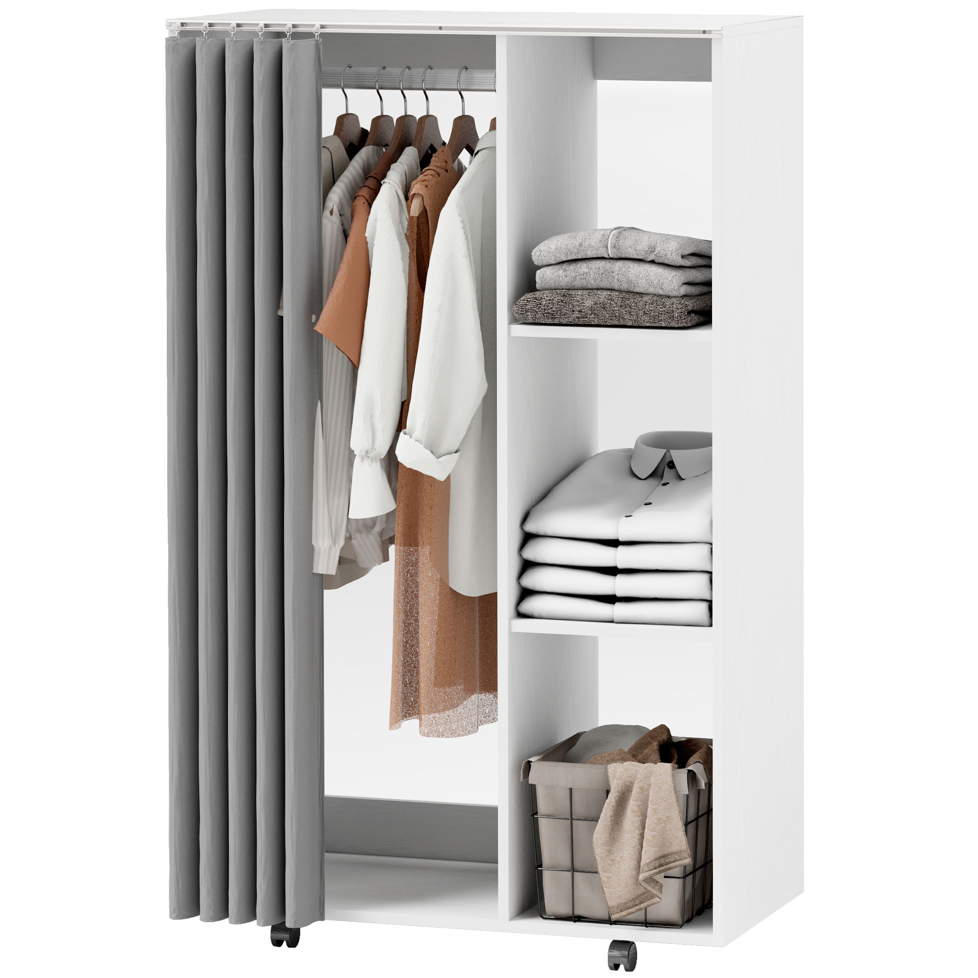 HOMCOM Kleiderschrank Aufbewahrungsmöbel mobil 6 Rollen mit Kleiderstange und offenen Regalen, rollender Kleiderschrank für Schlafzimmer, Maße 80 x 40 x 128 cm, weiß   Aosom