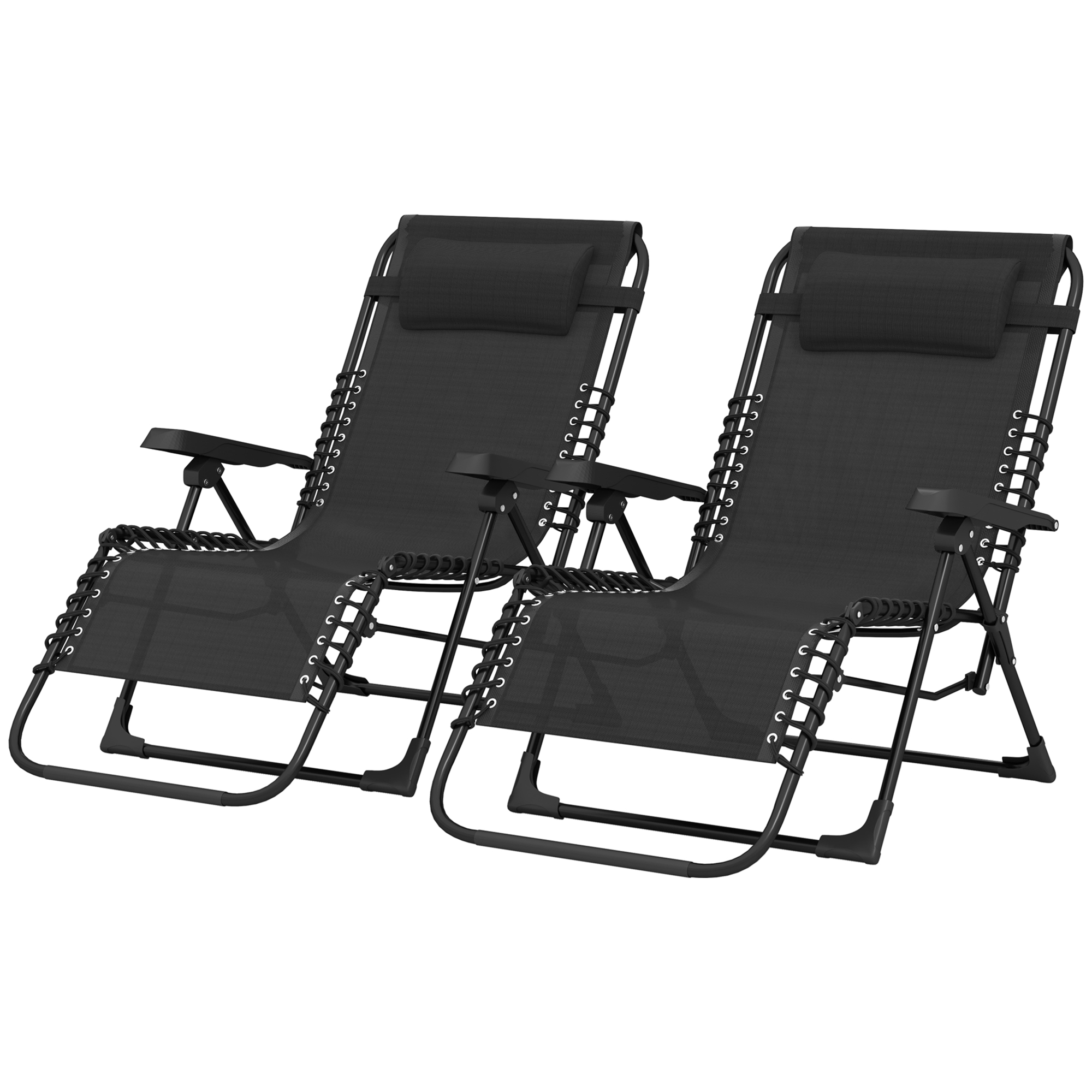 Outsunny Set mit 2 Sonnenliegen, klappbarer Liegestuhl mit Kopfkissen aus Textilene, verstellbare Outdoor-Sonnenliege für Strand Camping Pool Terrasse, 90 x 65 x 112 cm, Schwarz   Aosom