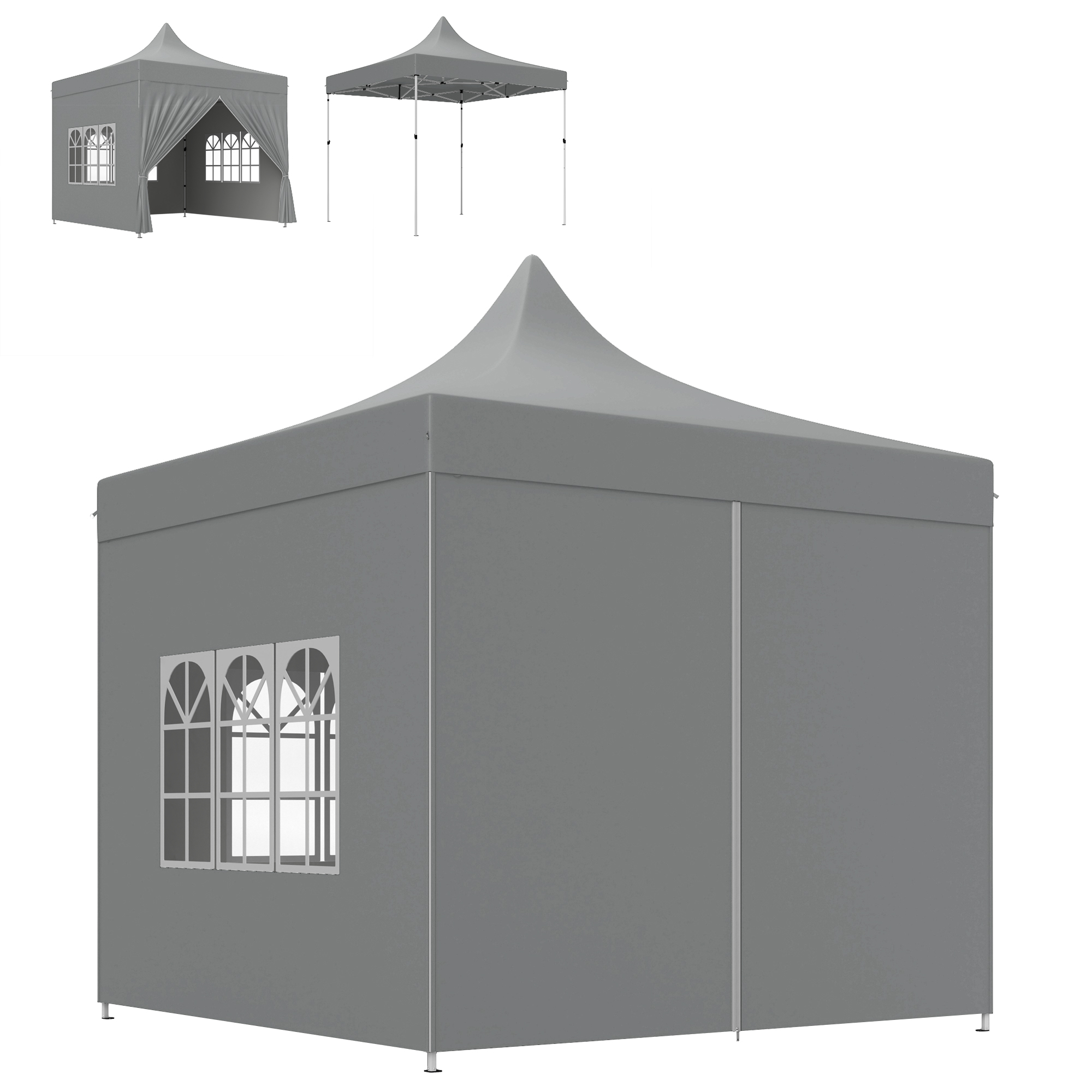 Outsunny Gartenpavillon Faltzelt Pop-Up 3 x 3 m 4 abnehmbare Seitenwände 3 Fenster höhenverstellbar Transporttasche für Camping, Festival, Strand, Garten, Grau   Aosom