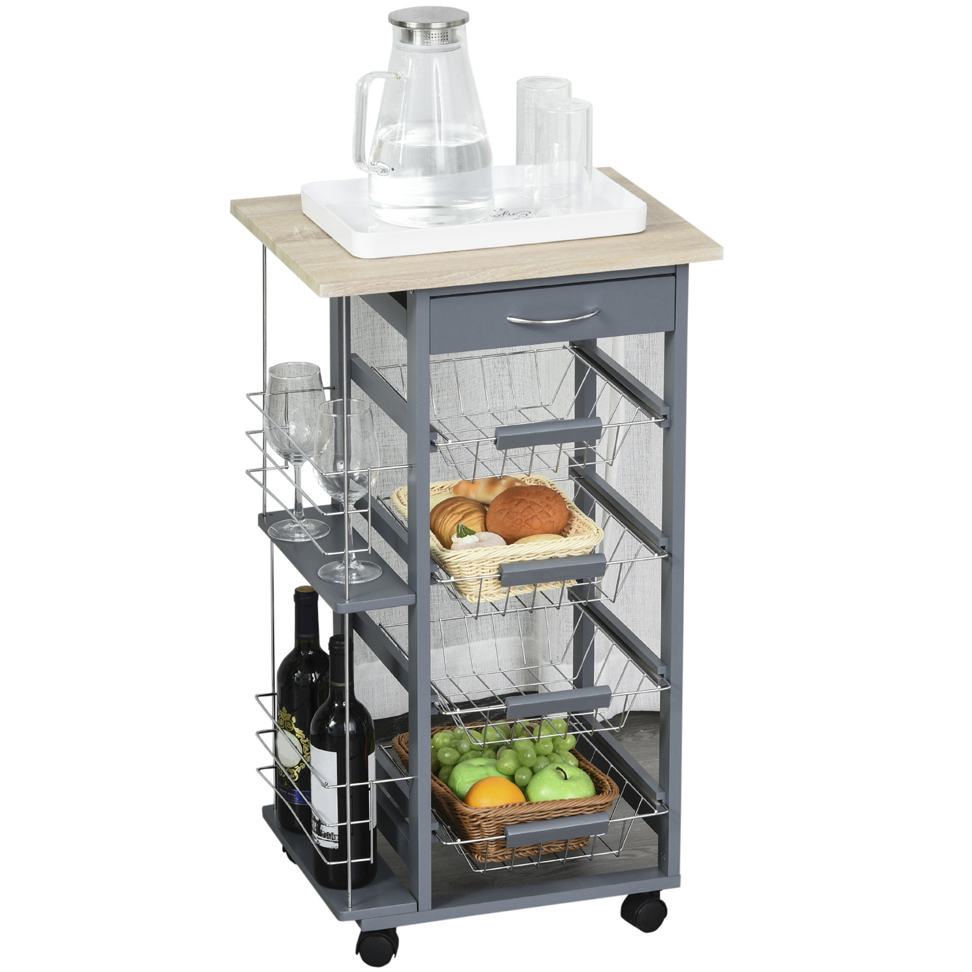 HOMCOM Küchenwagen, platzsparend, dunkelgrau, Servierwagen, 1 Arbeitsplatte, 1 Schublade, 4 Metallkörbe, 47x37x83cm, Grau Aosom