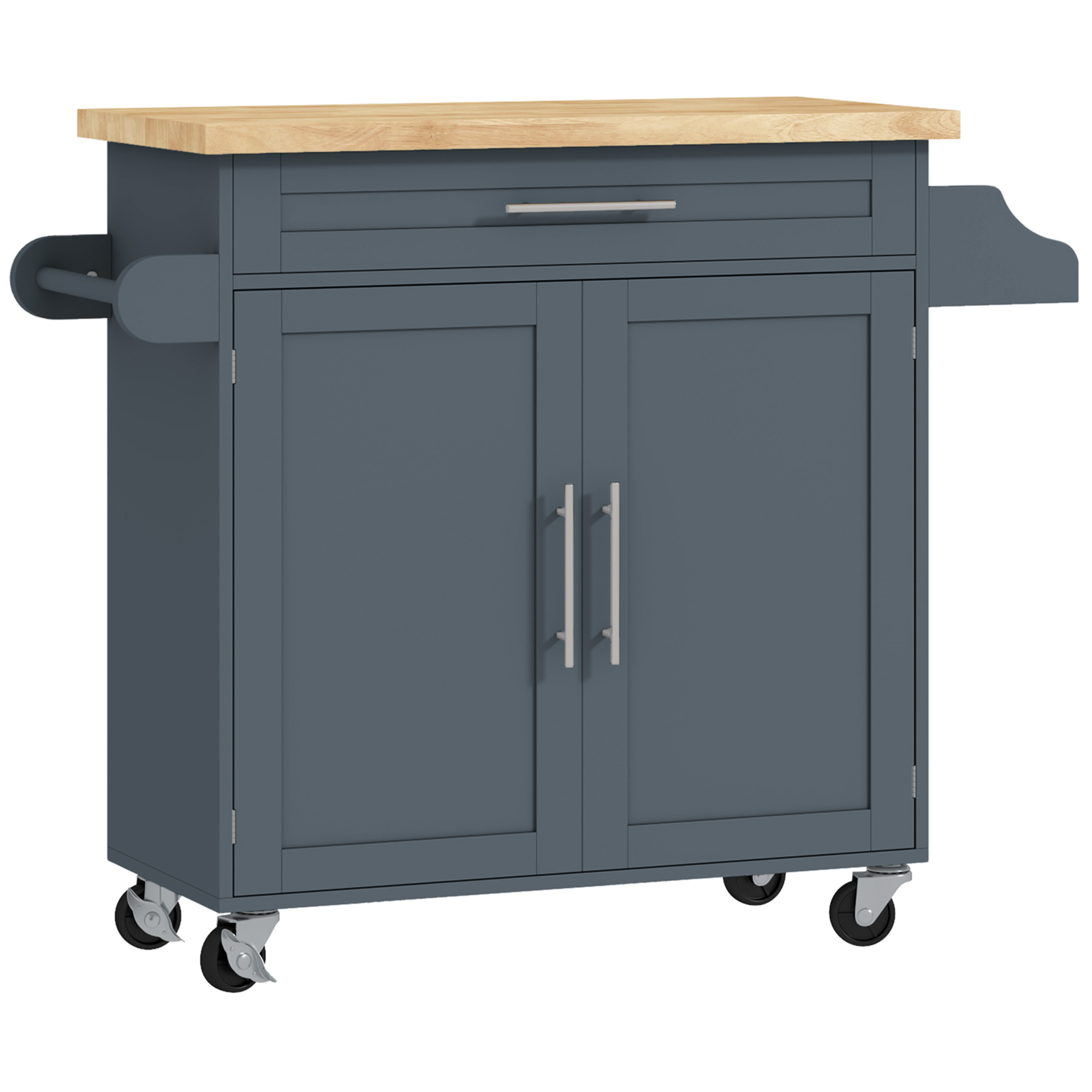 HOMCOM Küchenwagen Mehrzweckwagen mit Schublade, Rollen, Gewürzhalter und Schrank, Küchenmöbel mit verstellbarem Regalboden, Handtuchhalter und Holzauflage aus Kautschukholz, 109x40x89 cm, Grau   Aosom