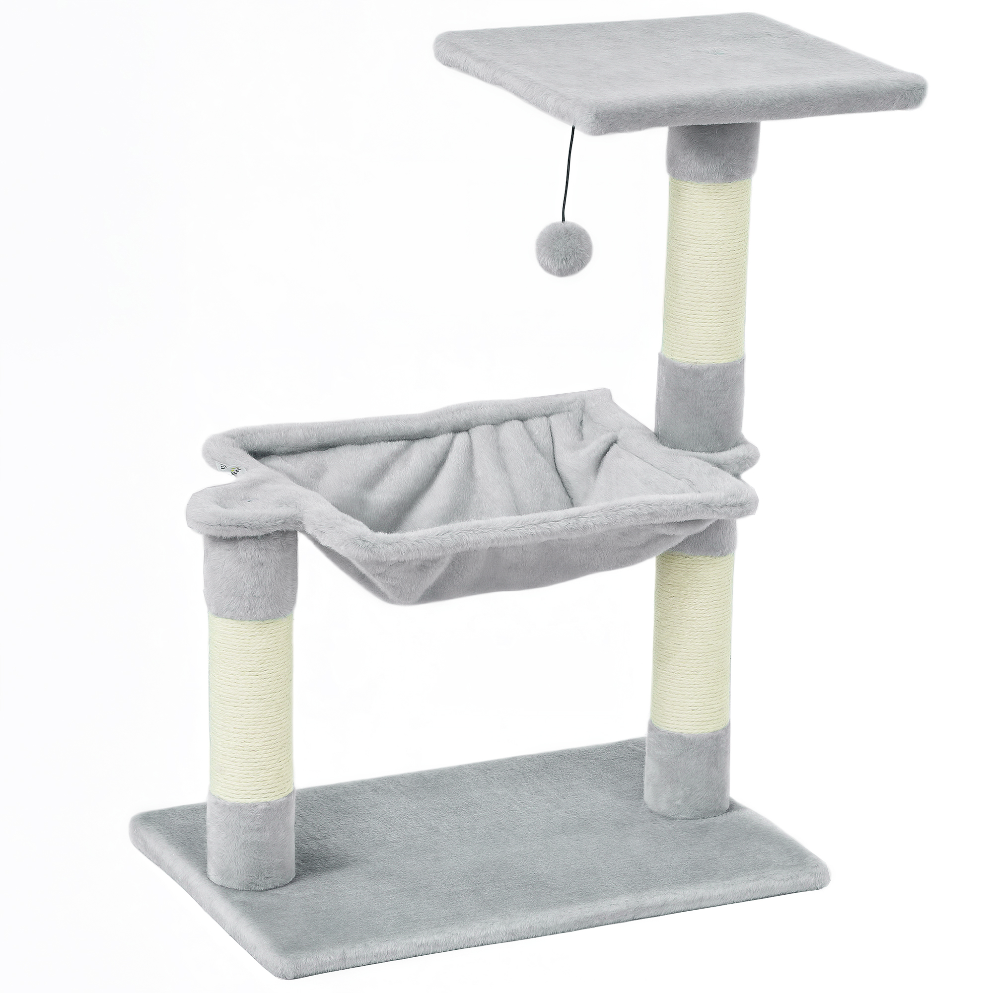 PawHut Katzenbaum 3 Kratzbäume Kratzmatten Natur-Sisal Plattform Hammock und hängendes Spielset Maße 50L x 26B x 70H cm Kurzplüsch Hellgrau   Aosom