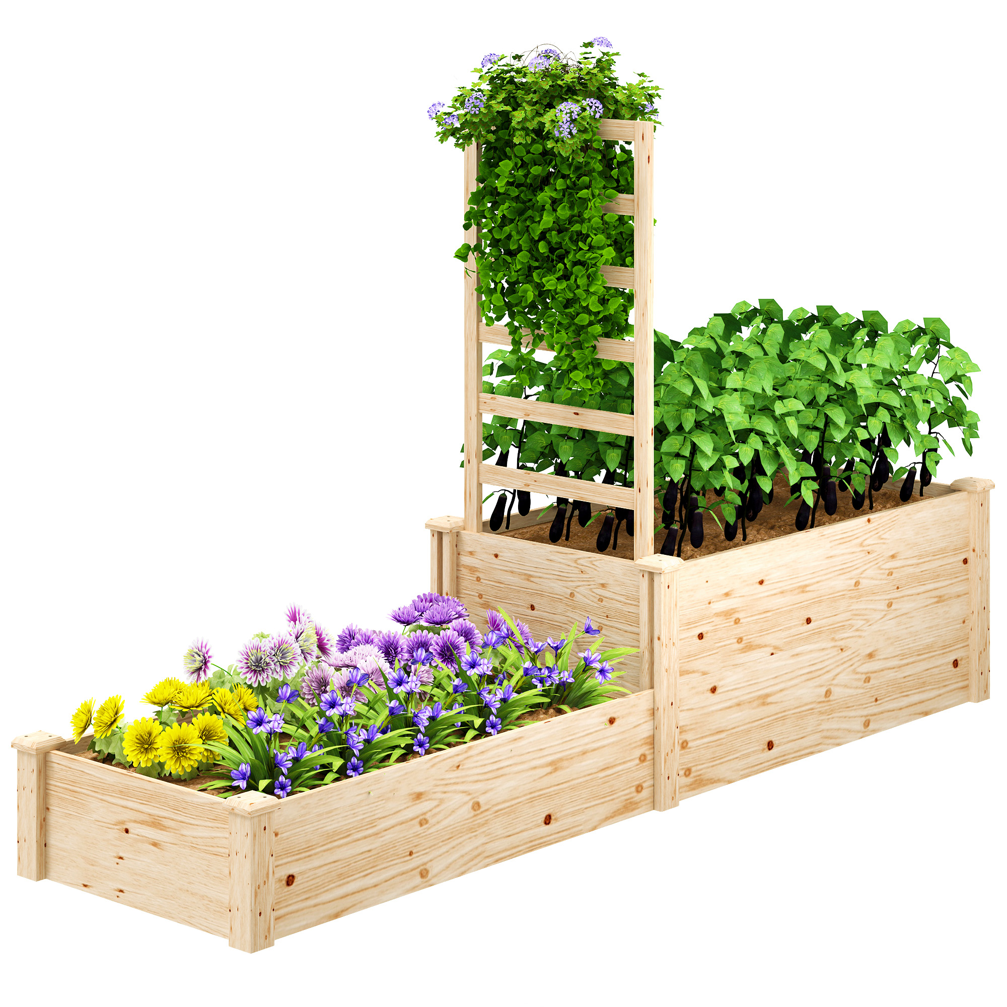 Outsunny Blumenkasten mit Gitter, Hochbeet, Holzblumenkasten mit offenem Boden für Balkon Terrasse Terrasse, 222 x 63 x 132 cm, Naturholz   Aosom