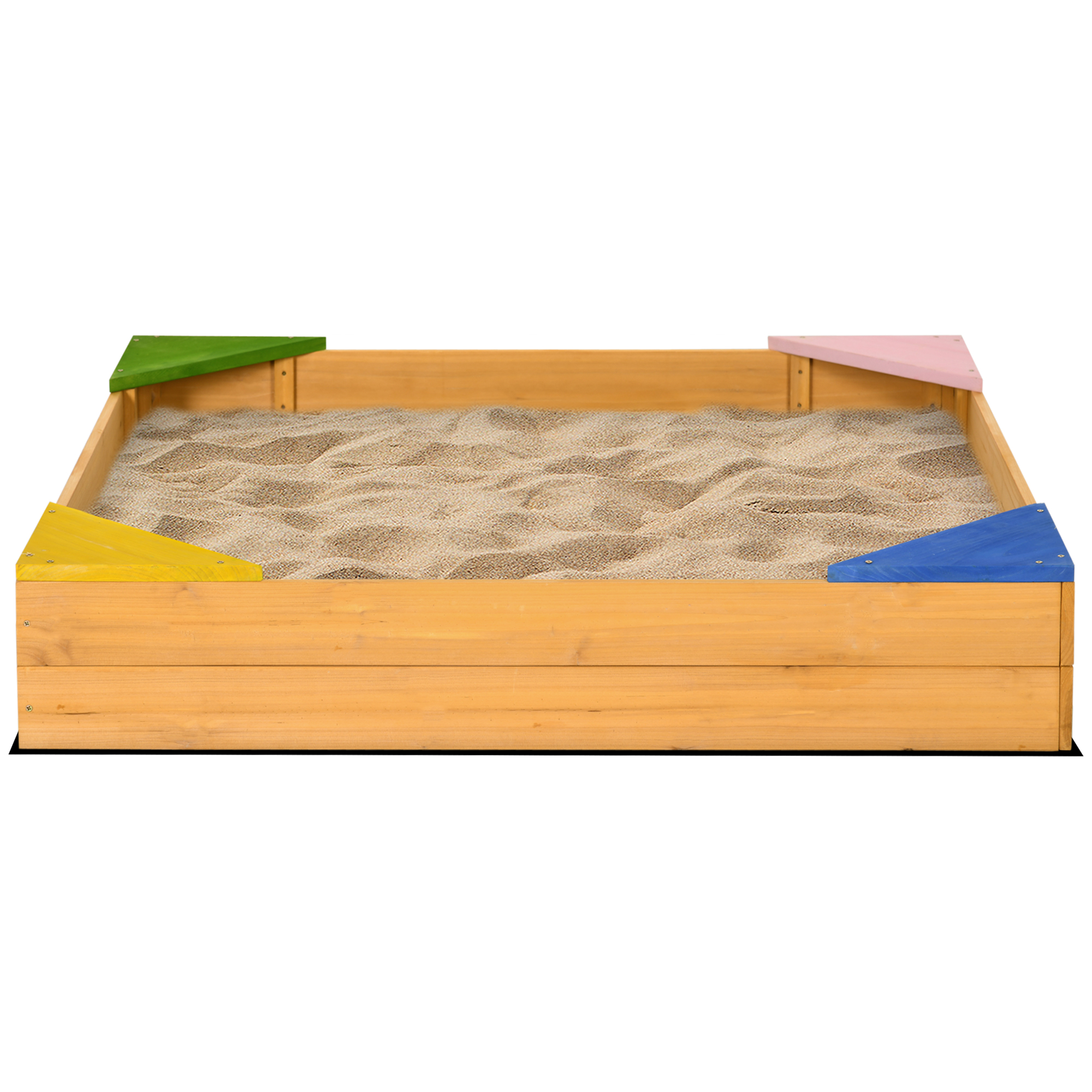 Outsunny Quadratischer Sandkasten aus Holz für Kinder mit 4 Sitzgelegenheiten in der Ecke und Schutzfilm 109 x 109 x 19,8 cm Naturholz   Aosom