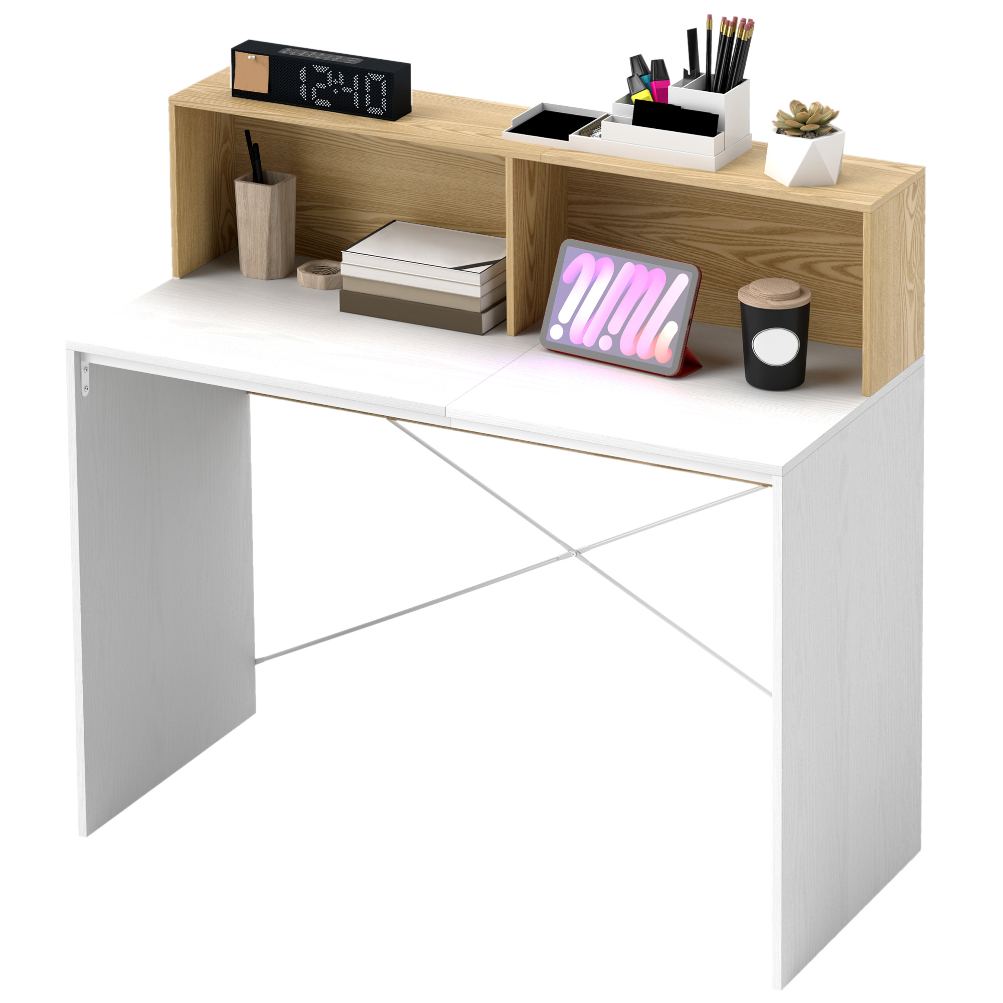 HOMCOM Computertisch mit Aufbewahrung 110 x 50 cm mit 2 offenen Fächern und Regal, Computertisch für Homeoffice, Schlafzimmer, kleine Räume, weiß und natur Aosom