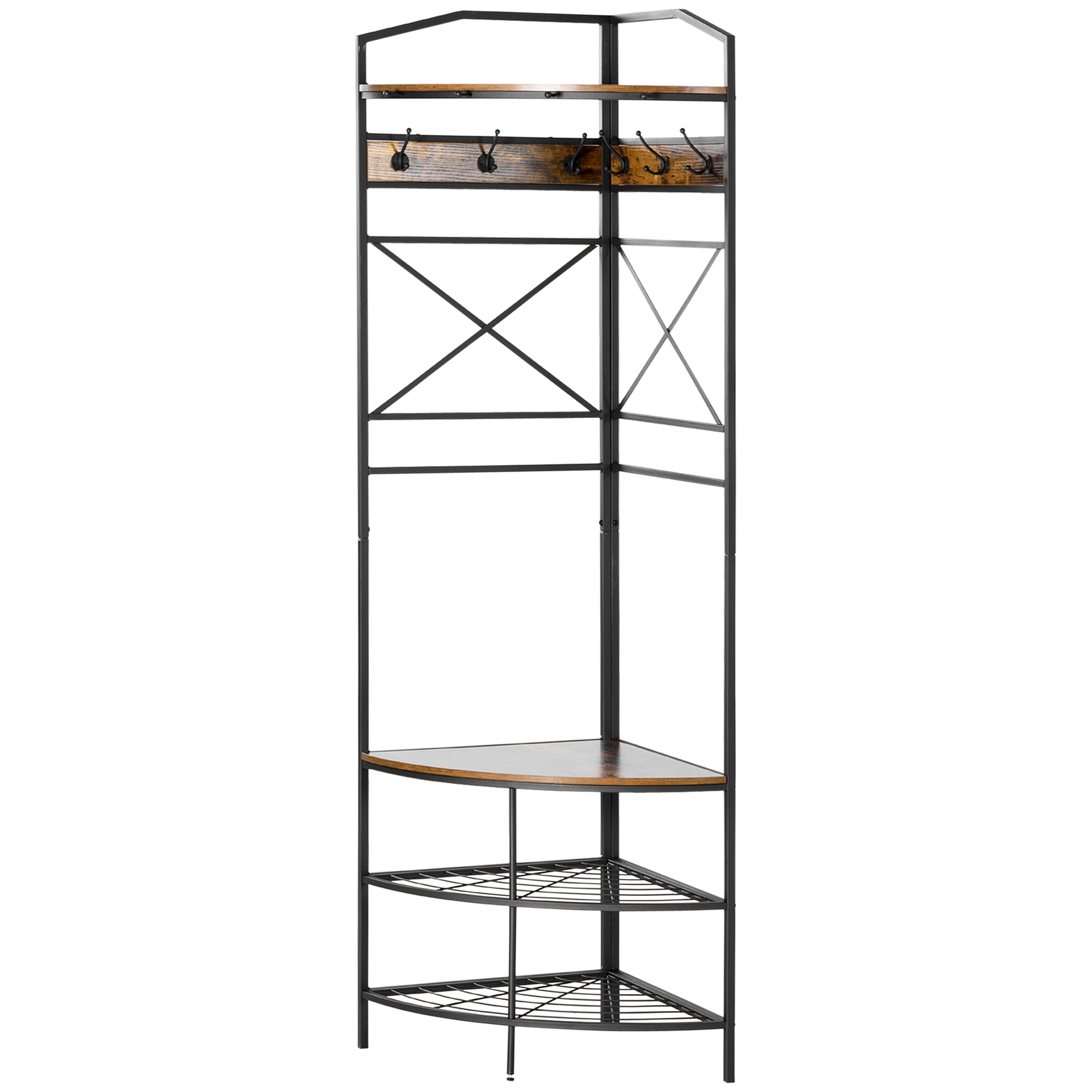 HOMCOM Bodenständer für Kleidung mit Haken, Eingangsmöbel Eck-Kleiderständer mit Bank und Schuhregal, Regal im industriellen Stil, 50x50x183cm, Braun   Aosom