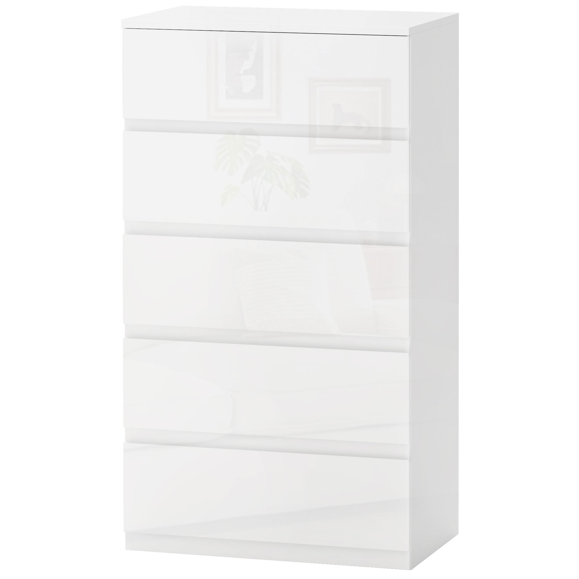 HOMCOM Moderne Kommode mit 5 Schubladen und Kippschutz, Spanplatte Kommode, 55x33x100 cm, Glänzendes Weiß   Aosom