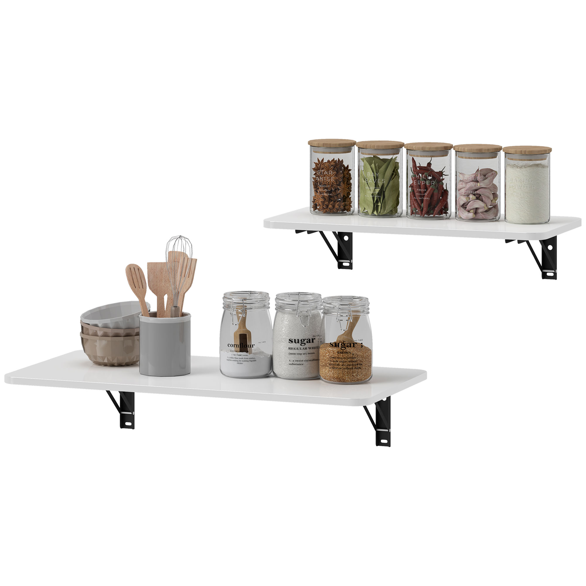 HOMCOM Satz von 2 klappbaren Wandtischen, klappbarer Wandtisch aus Holz, schwebender Schreibtisch, Küchentisch, Esstisch, Büro, Schlafzimmer, hochglänzendes Weiß   Aosom