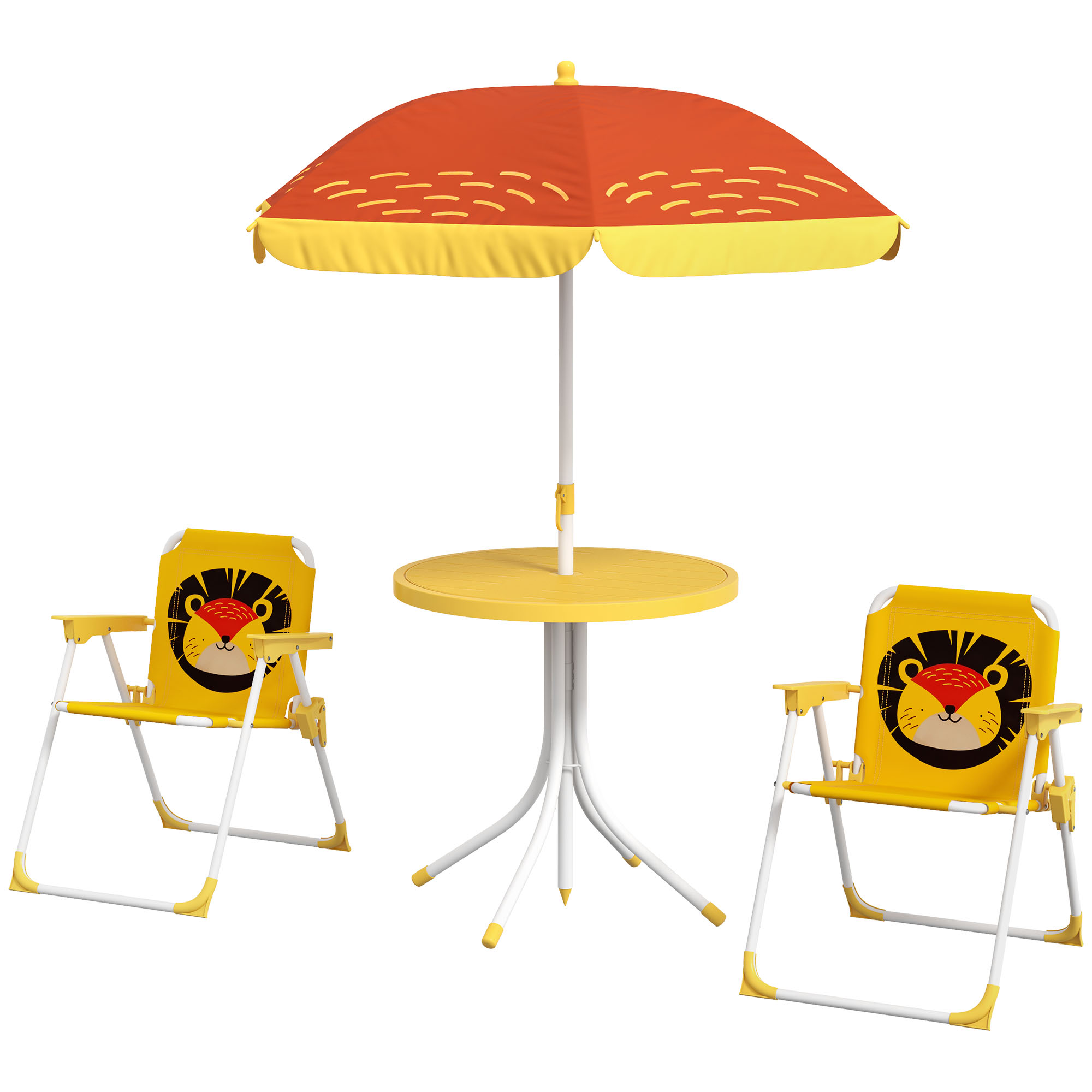 Outsunny Gartenmöbelset für Kinder, 4-teilig mit Löwenmotiv, Tisch und 2 Gartenstühlen, mit verstellbarem Sonnenschirm Ø 100 cm, klappbarer Stuhl, für Terrasse, Balkon, Strand, Gelb   Aosom