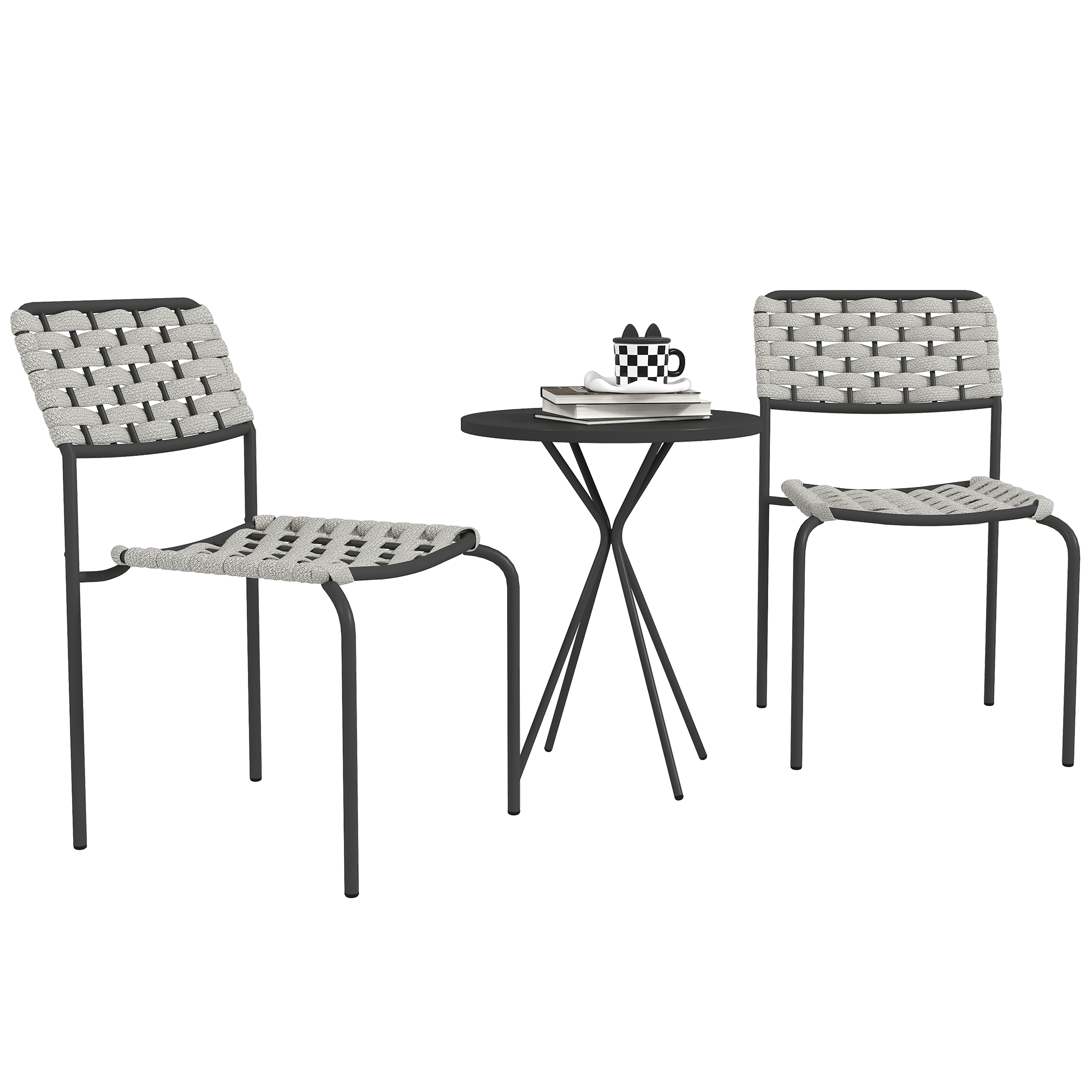 Outsunny Polyrattan Gartenmöbel Set, Outdoor Lounge Balkonmöbel für 2 Personen, 3-teilig Sitzgruppe mit 2 Stapelbare Stühle, Tisch, wetterfest Gartenlounge für Garten, Terrasse Balkon, Grau   Aosom