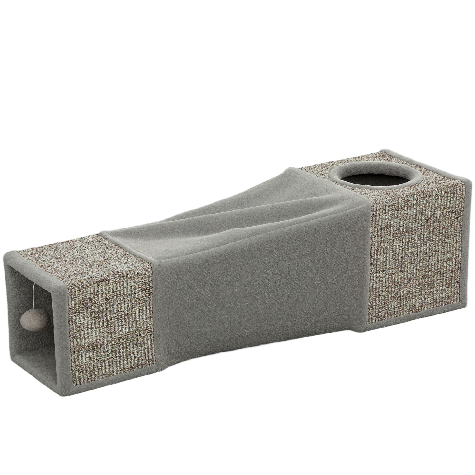 PawHut Katzentunnel, Katzenspielzeug mit Spielball, Katzenhöhle, Faltbarer Spieltunnel aus Sisal, Kombiniertes Design, Braun+Grau, 98 x 30 x 30 cm Aosom