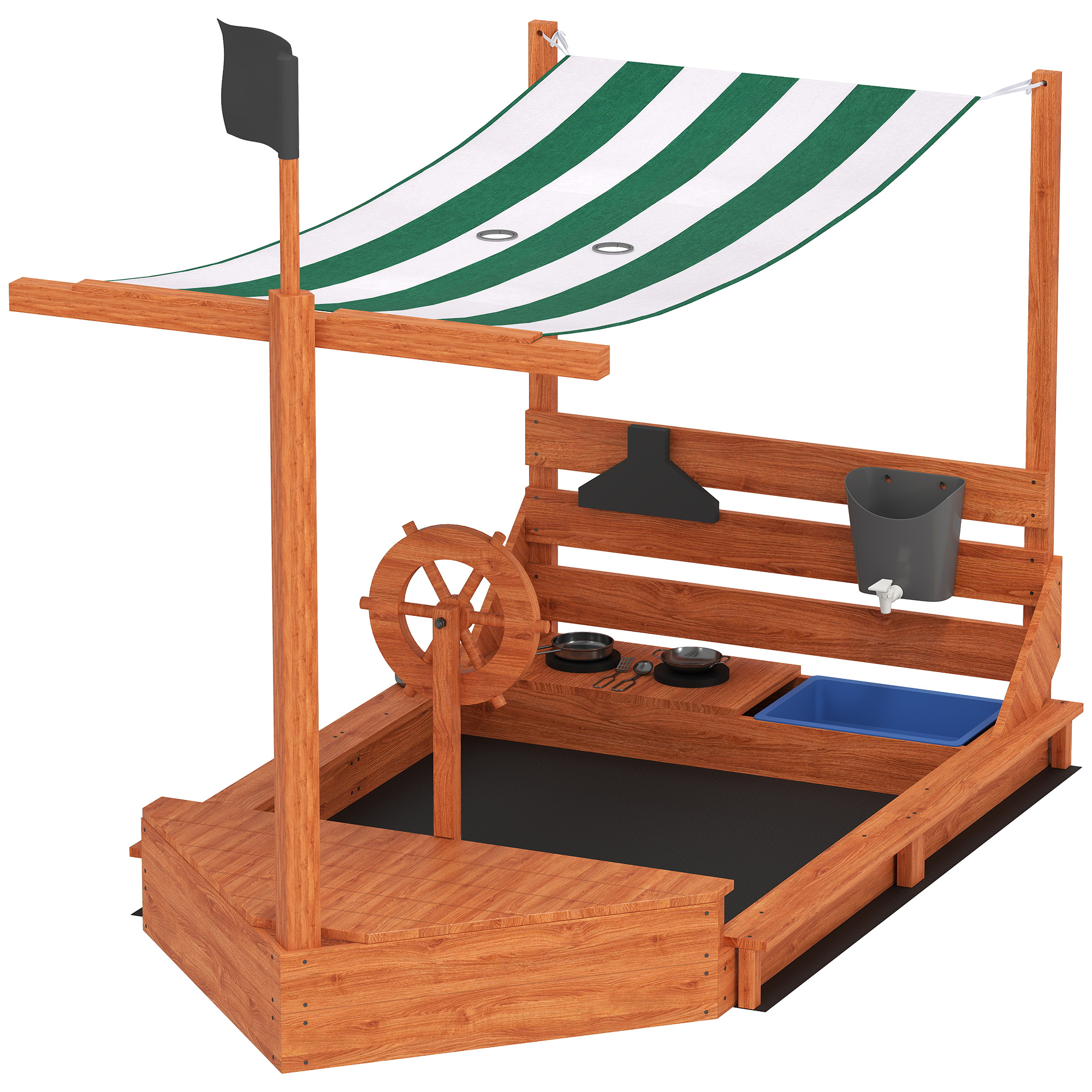 Outsunny Sandkasten Sandkiste groß mit Abdeckung im Schiff Design Matschekiste aus Holz Segelschiff Spielhaus mit Küchenspielset Aufbewahrung für Kinder 3-7 Jahre Orange 180 x 103 x 144,5 cm   Aosom