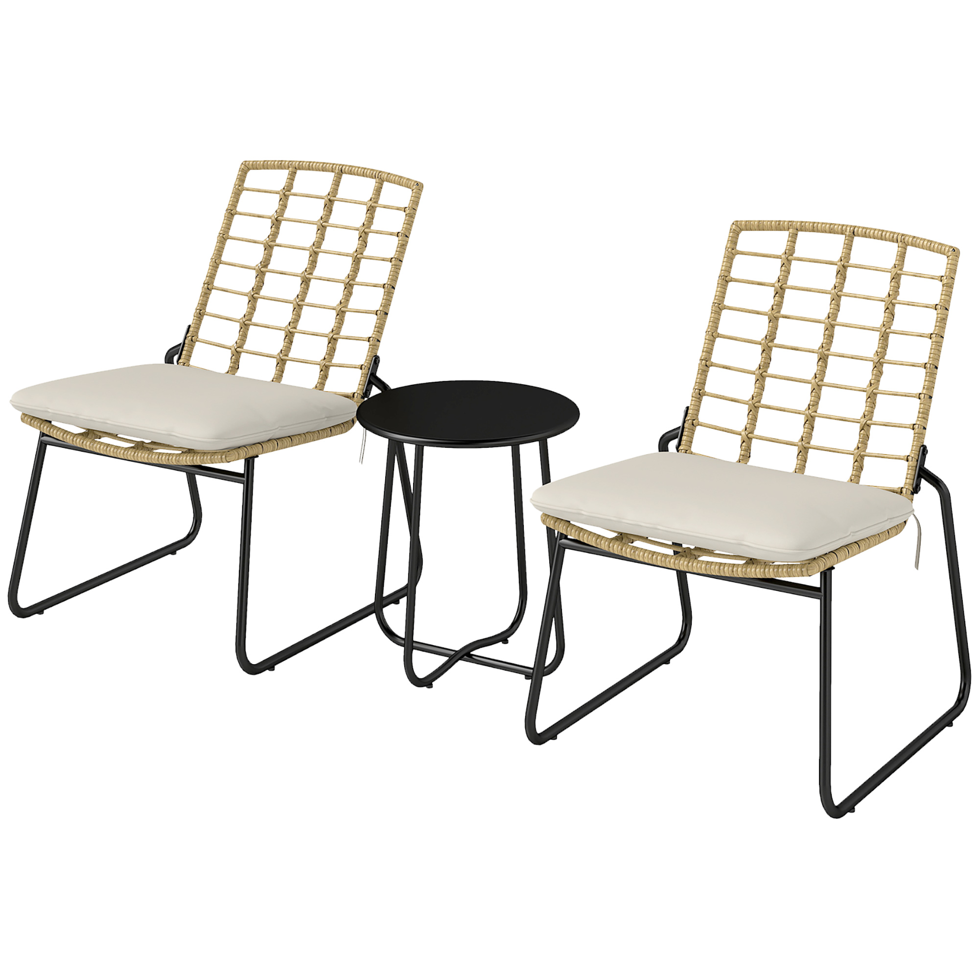 Outsunny Rattan Gartenmöbel Set, Balkonmöbel Set für 2 Personen 3-teilig Outdoor Sitzgruppe mit 2 stapelbar Stühle, Tisch Kissen wetterfest Garten Lounge für Terrasse Balkon, Beige & Braun Aosom