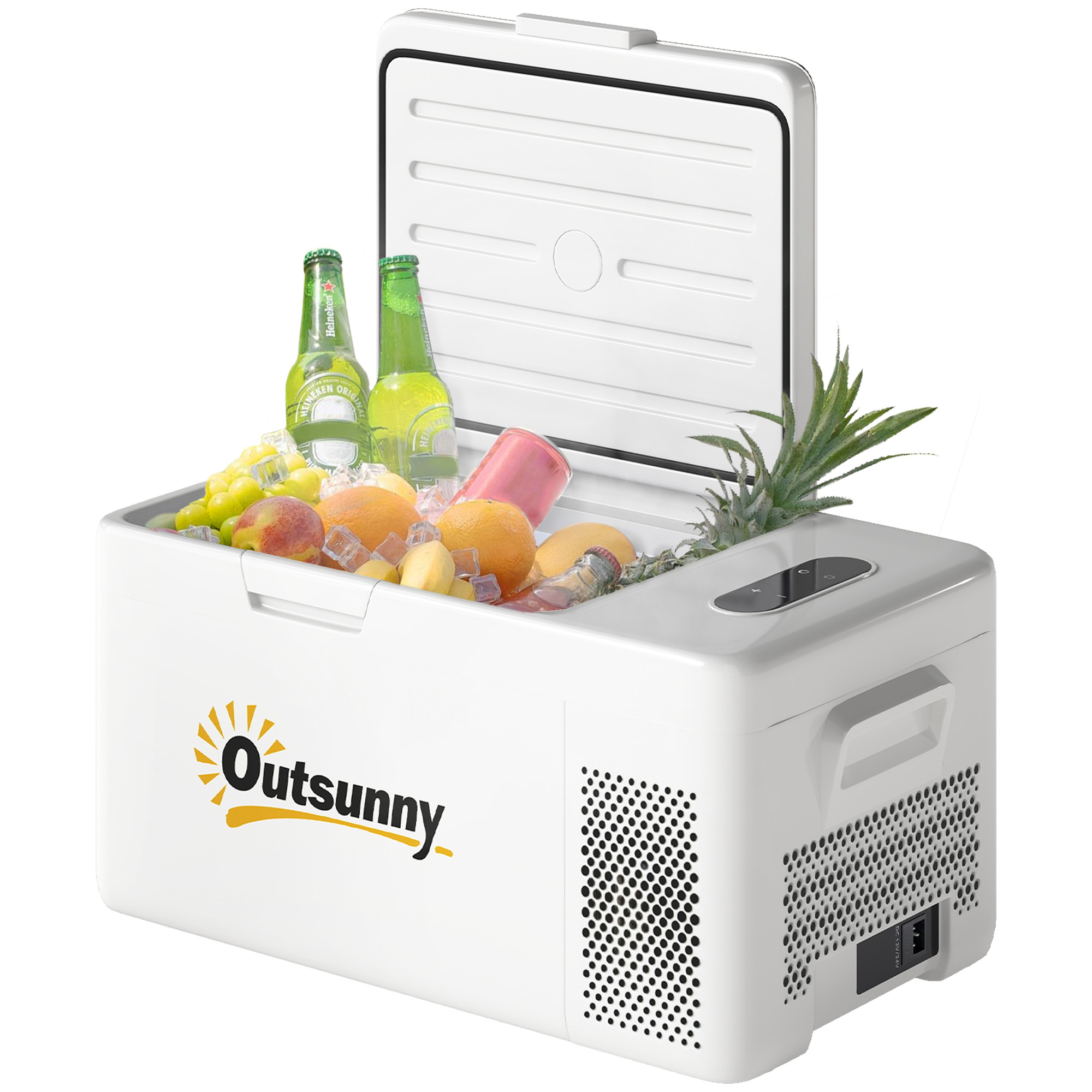 Outsunny 16,8 Liter Kompressor Kühlbox elektrische Kühlbox mit LED ECO-Modus Anschluss Kühlhaltefunktion leise Gefrierbox Thermobox Mini Kühlschrank 12/220 Volt für Auto Steckdose Camping Cremeweiß   Aosom