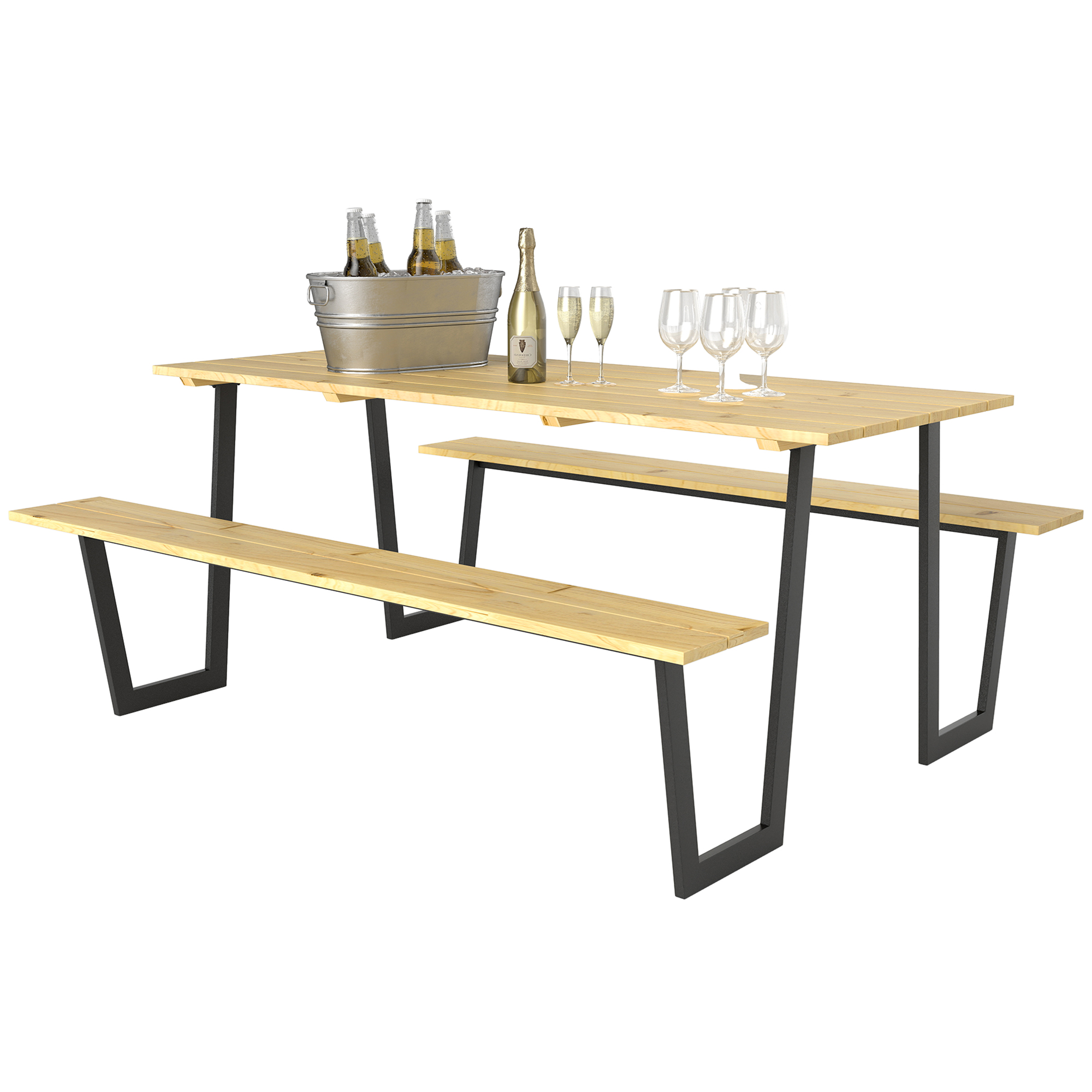 Outsunny Bierzeltgarnitur Holz 3-teilig Festzeltgarnitur mit Schirmloch Biertisch 2 x Bierbank Biertischgarnitur Sitzgarnitur Gartenmöbel Set für Balkon, Camping, Garten 175 x 148 x 78 cm Naturholz   Aosom