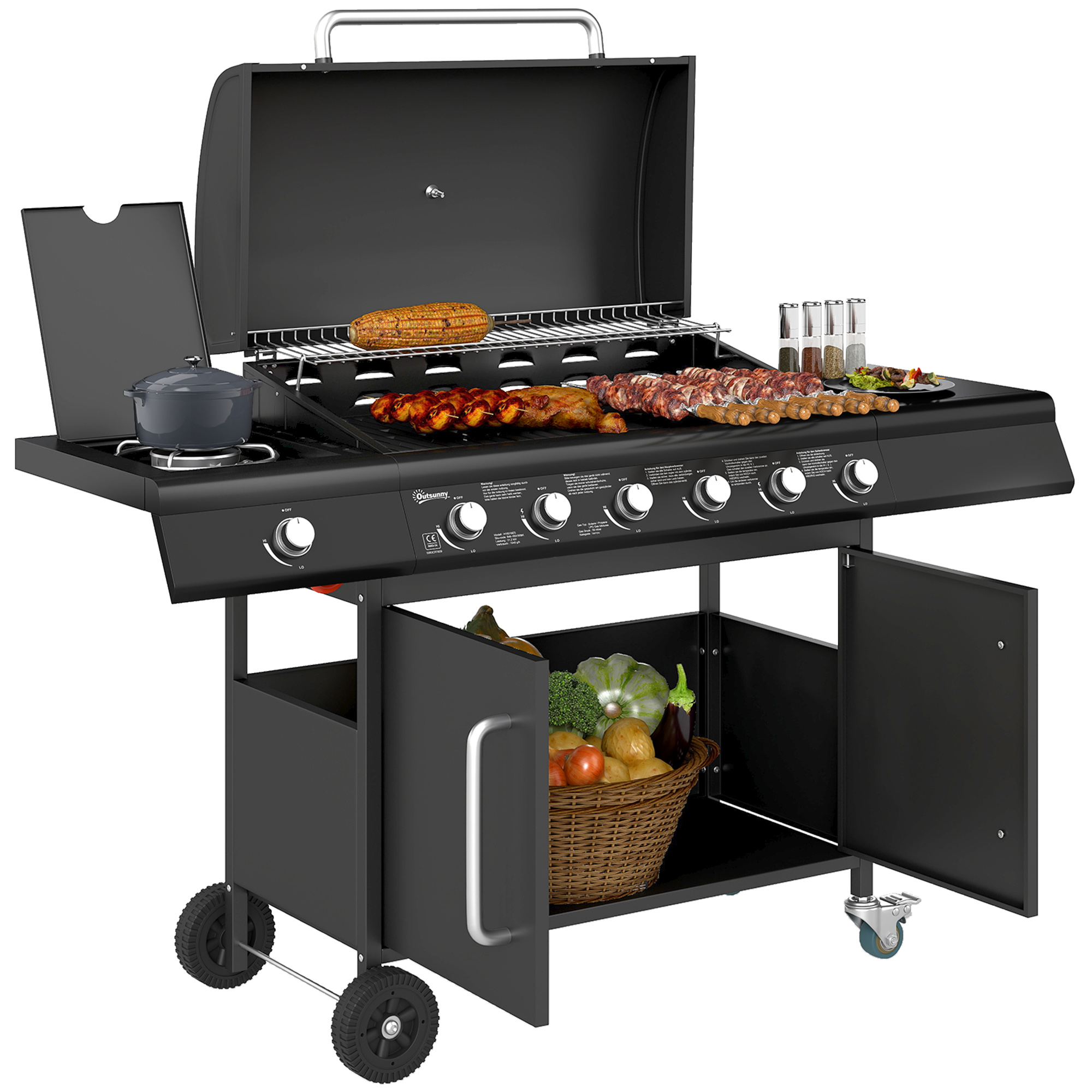 Outsunny Gasgrill 21,2 KW 6+1 Brenner BBQ Grillwagen aus Edelstahl inkl Rolle Seitenbrenner Thermometer Grillrost Kochfeld Seitentisch Gas-Grill für Balkon Camping 144,5 x 56 x 110cm   Aosom