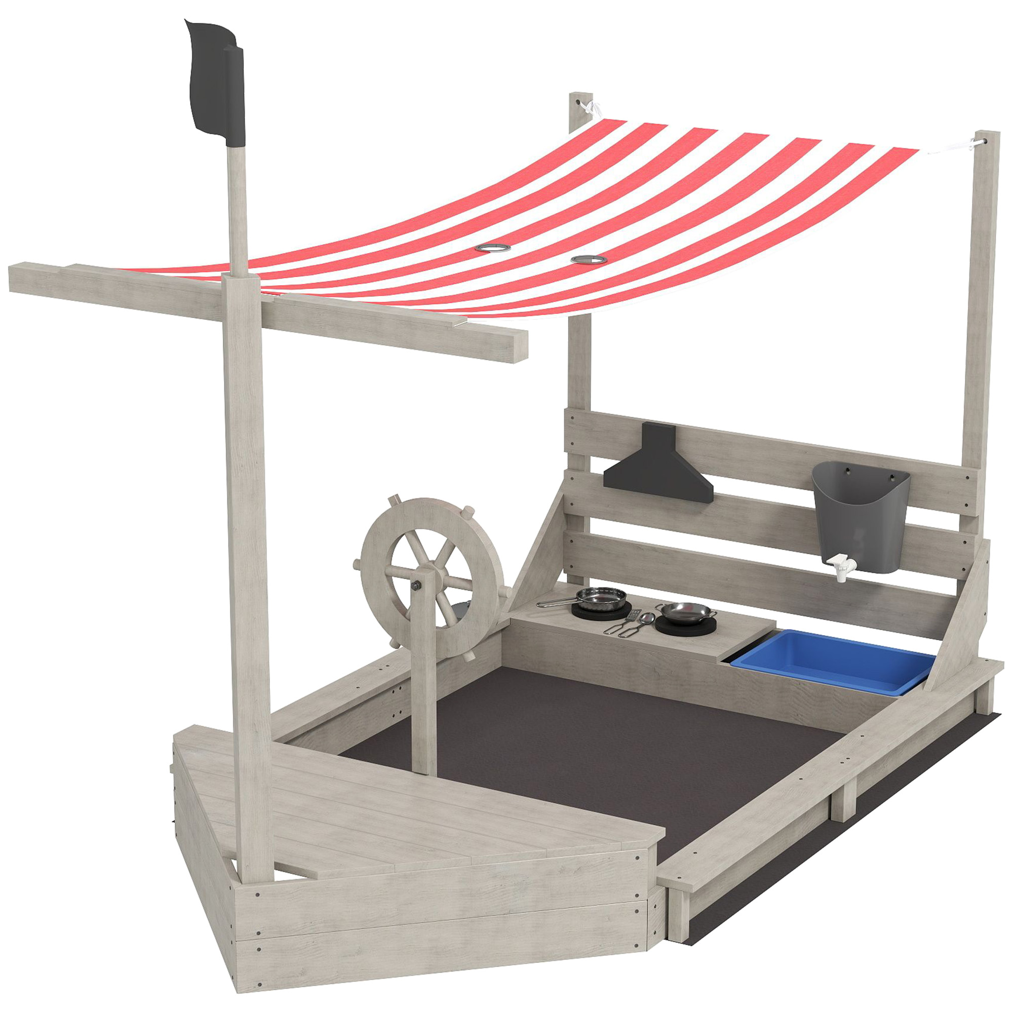 Outsunny Sandkasten Sandkiste groß mit Abdeckung im Schiff Design Matschekiste aus Holz Segelschiff Spielhaus mit Küchenspielset Aufbewahrung für Kinder 3-7 Jahre Grau 180 x 103 x 144,5 cm   Aosom
