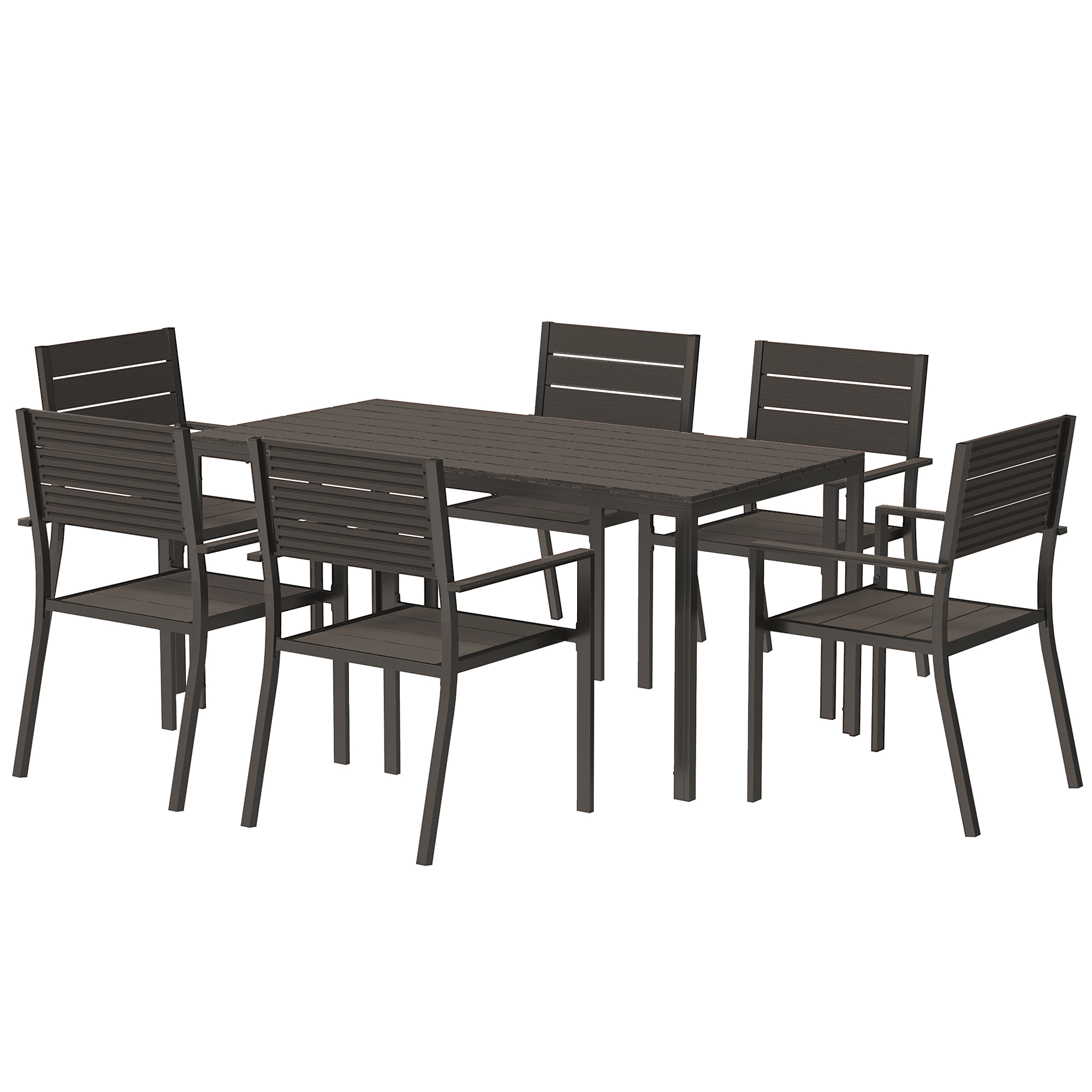 Outsunny Sitzgruppe 7-teilig Essgruppe für 6 Personen Esstisch mit 6 stapelbar Stühlen Esszimmergruppe mit geschlitzte Tisch Küchentisch-Set Balkonmöbel Gartenmöbel für Terrasse, Balkon Dunkelbraun   Aosom