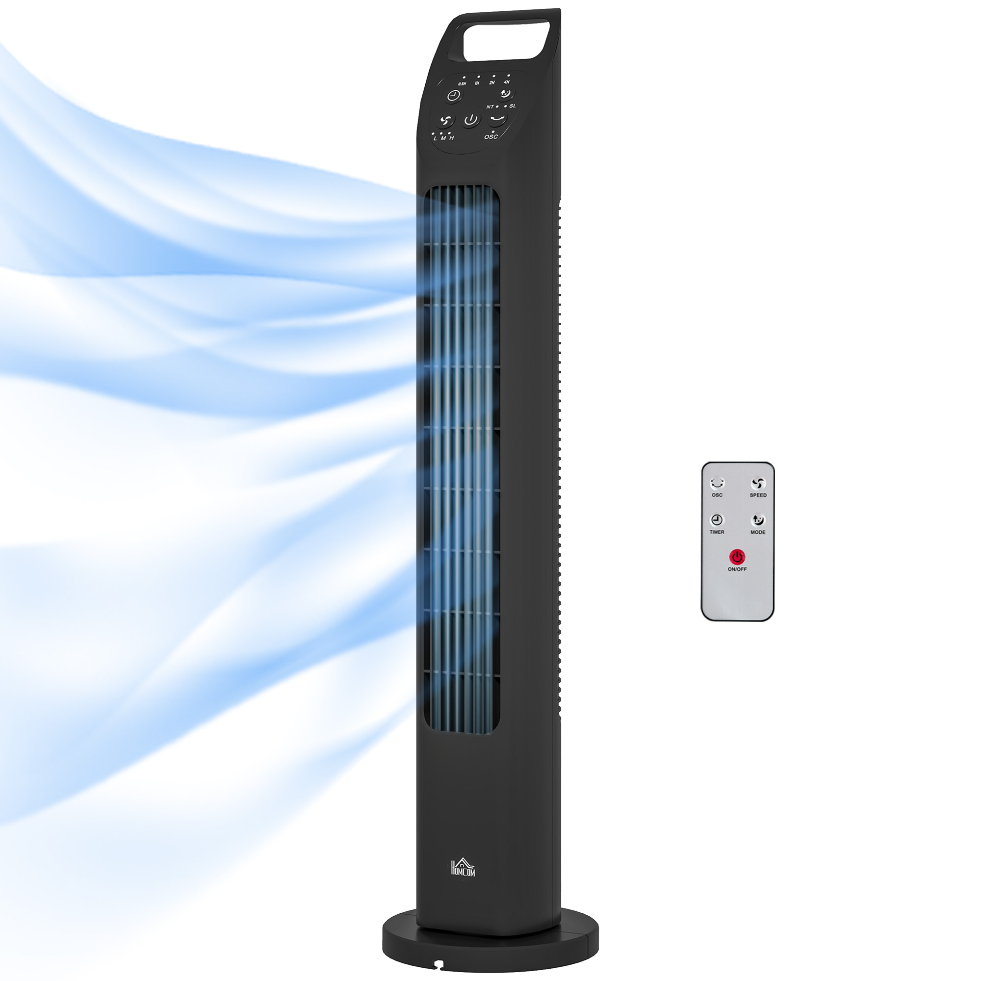 HOMCOM Turmventilator, Standventilator mit 3 Modi, Fernbedienung, 50W Ventilator mit 4H Timer, 75° Oszillation, für Schlafzimmer, Schwarz Aosom