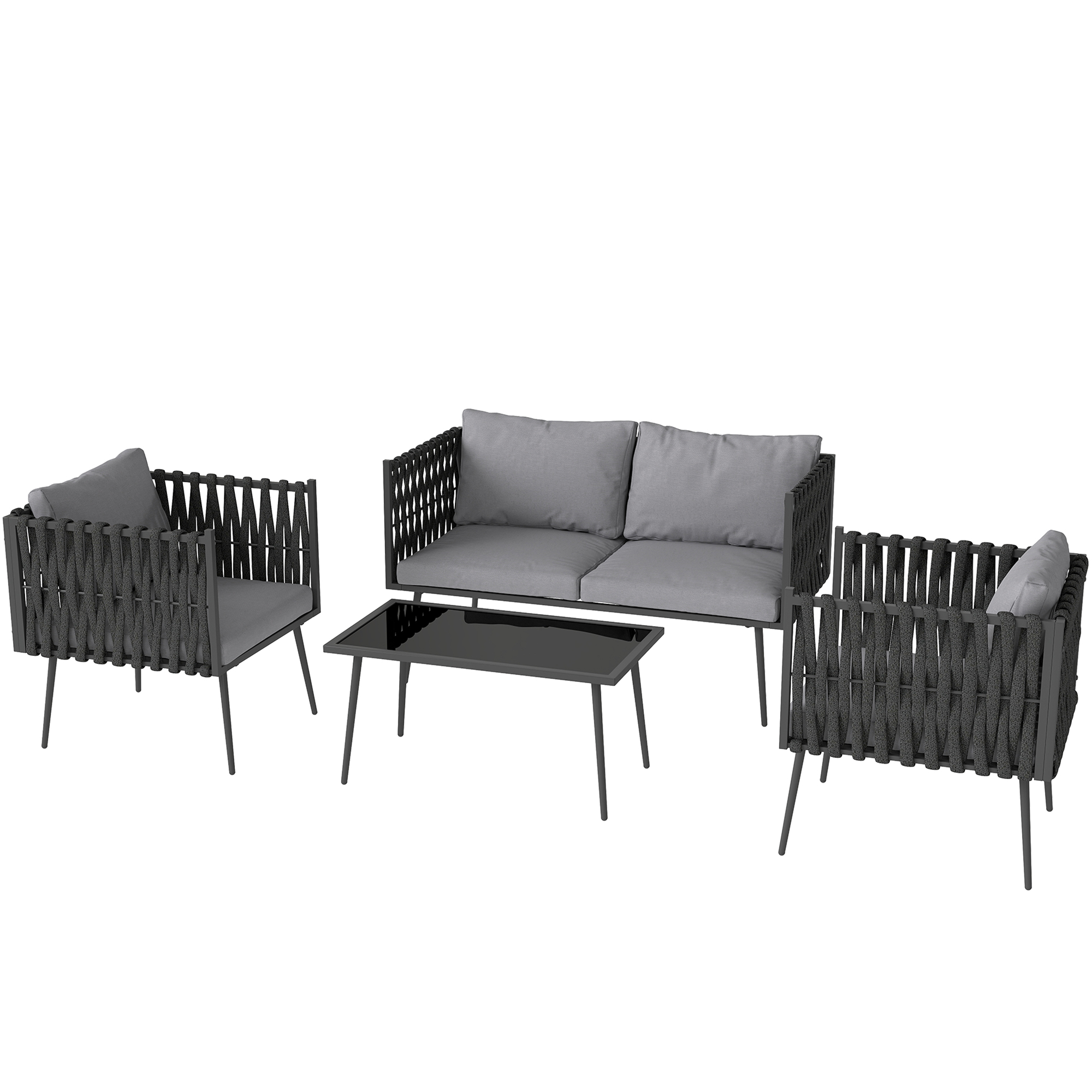 Outsunny Gartenmöbel Set 4 Personen wetterfest Balkonmöbel-Set mit 2er Sofa, Sessel Glastisch Sitzkissen Outdoor Sitzgruppe Gartengarnitur Gartenlounge für Garten Balkon Hellgrau   Aosom