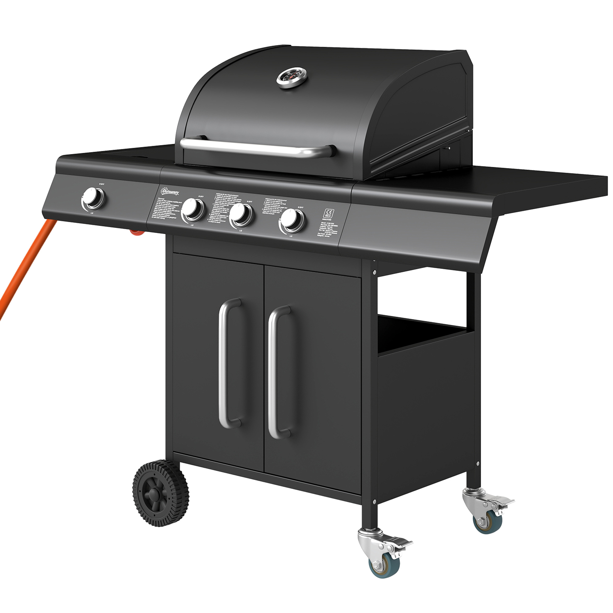 Outsunny Gasgrill 12,2 KW 3+1 Brenner BBQ Grillwagen aus Edelstahl inkl Rolle Seitenbrenner Thermometer Grillrost Kochfeld Seitentisch Gas-Grill für Balkon Camping 118,5 x 56 x 110 cm   Aosom