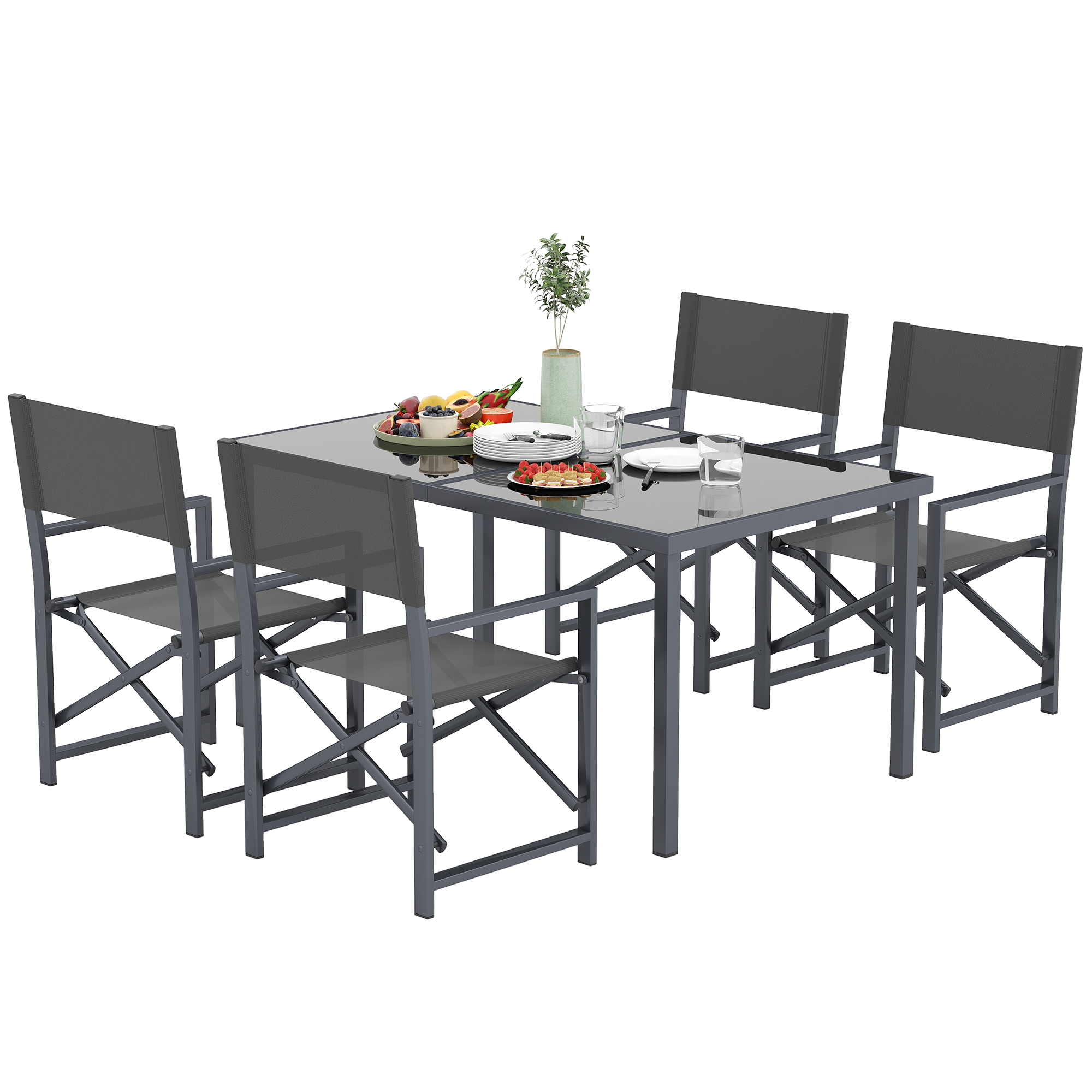 Outsunny Sitzgruppe 5-teilig Essgruppe Stahl für 4 Personen Esstisch mit 4 klappbar Stühlen Esszimmergruppe mit Glastisch Küchentisch-Set Balkonmöbel Gartenmöbel für Terrasse, Balkon Grau   Aosom
