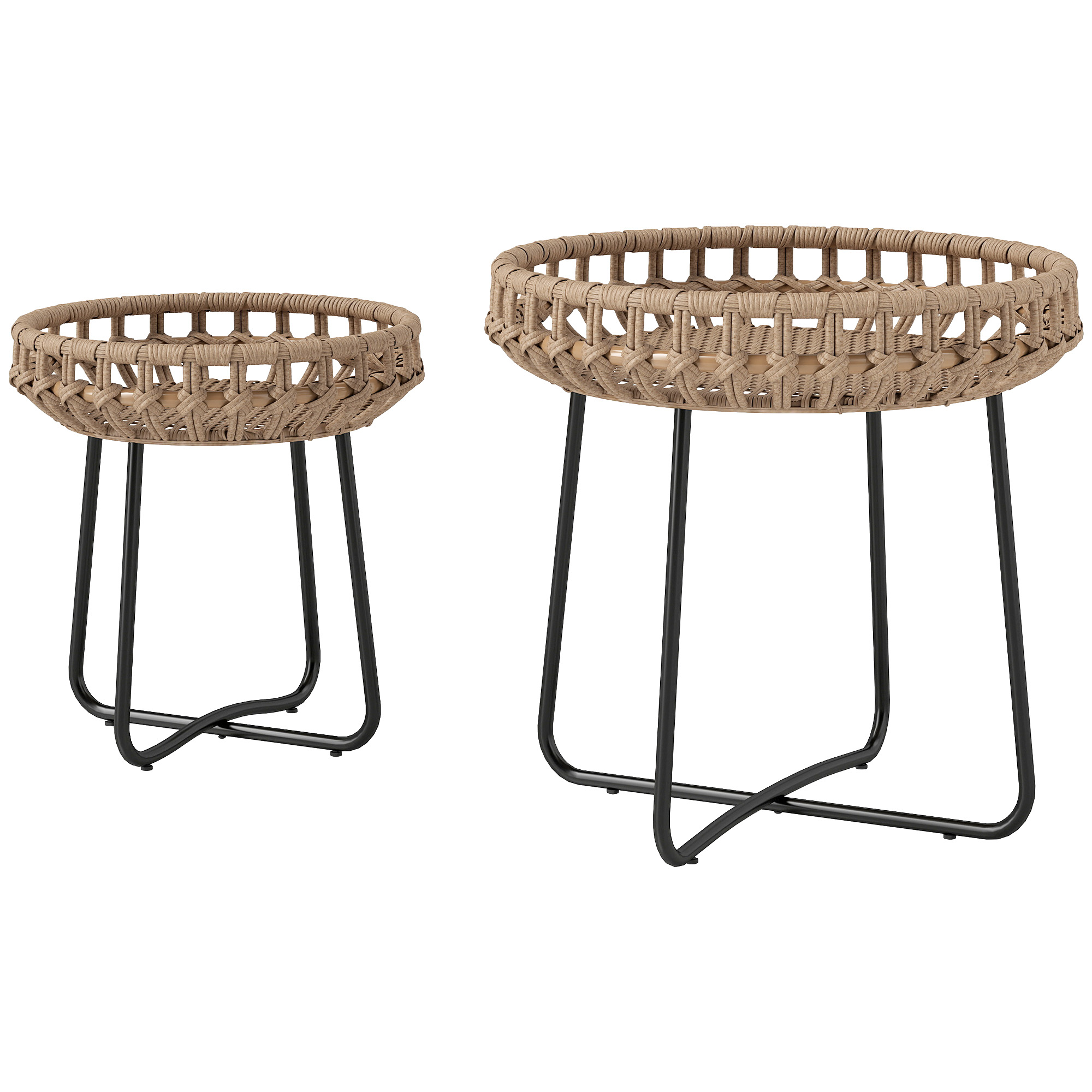 Outsunny 2er Set Beistelltisch Polyrattan Ø60/41 cm rund wetterfest Gartentisch mit X-Beine Verstellbare Fußpads Outdoor Balkontisch Couchtisch Gartenmöbel für Garten, Balkon Braun   Aosom