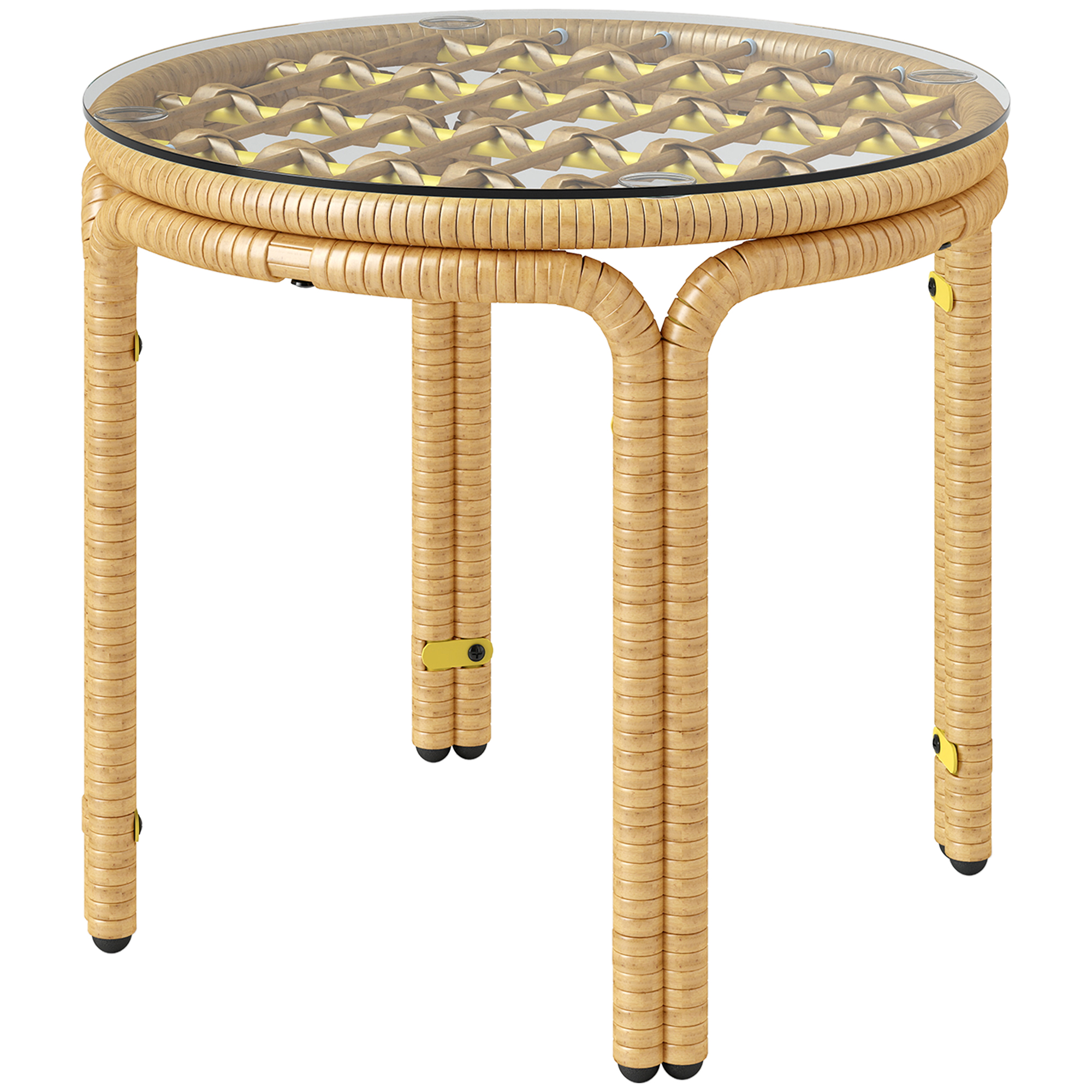 Outsunny Beistelltisch aus Polyrattan runder Couchtisch mit Glas Tischplatte Nachttisch Gartentisch Gartenmöbel Kaffeetisch Sofatisch für Wohnzimmer Garten Terrasse Balkon, Ø50 cm Gelb Aosom