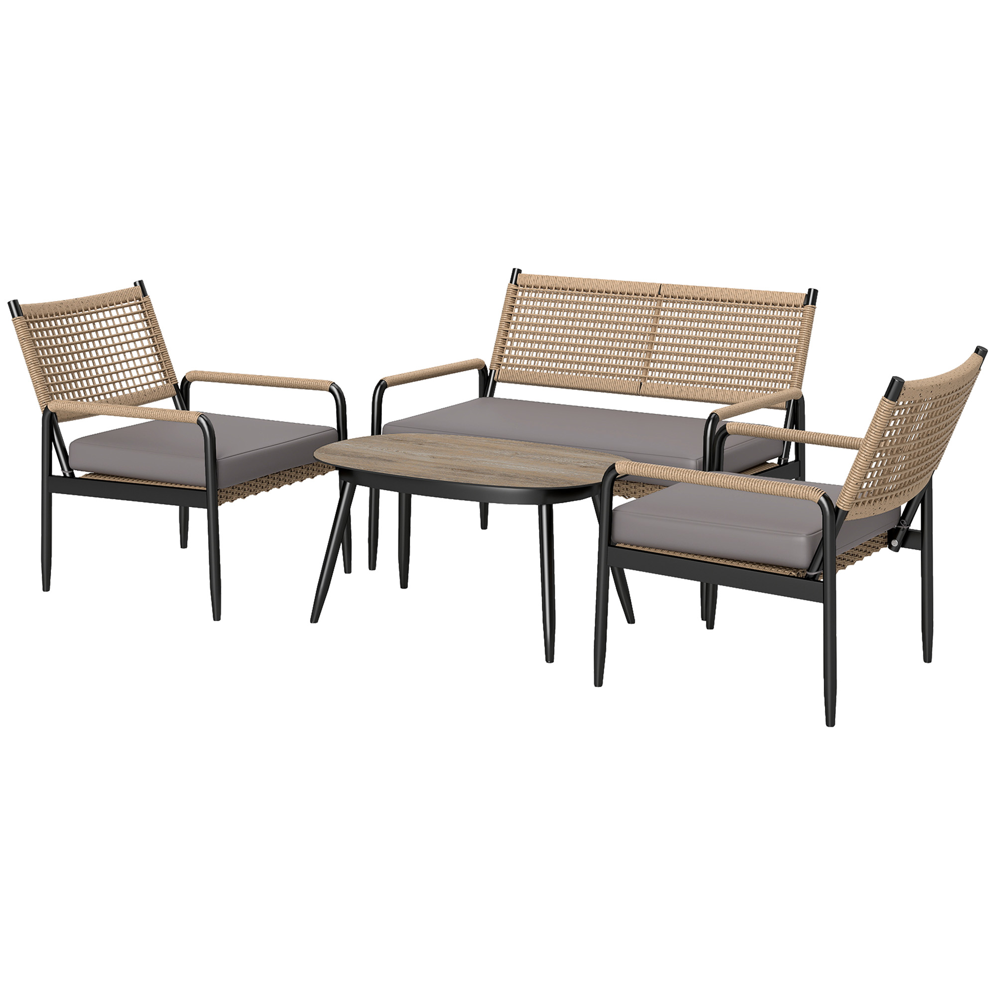 Outsunny Gartenmöbel Set aus Polyrattan Lounge-Set mit 2er Sofa Sessel Glastisch Kissen wetterfest Sitzgruppe für 4 Personen Outdoor Balkonmöbel Set Terrassenmöbel für Garten Balkon Dunkelgrau+Gelb   Aosom