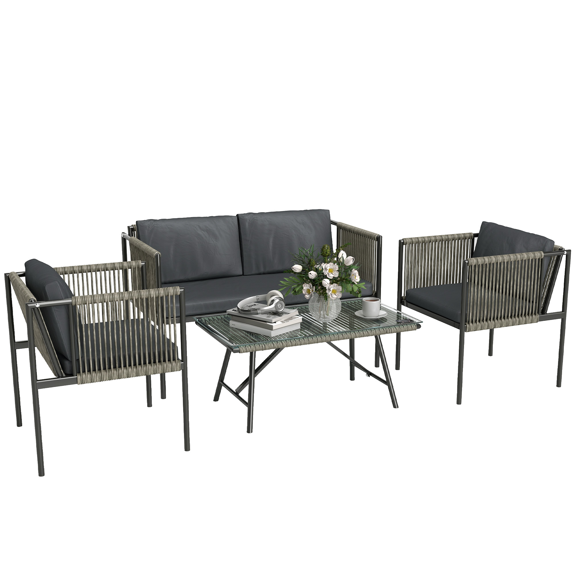 Outsunny Gartenmöbel Set aus Polyrattan Lounge-Set mit 2er Sofa Sessel Glastisch Kissen wetterfest Balkonmöbel für 4 Personen Outdoor Sitzgruppe Terrassenmöbel für Garten Balkon Grau Aosom