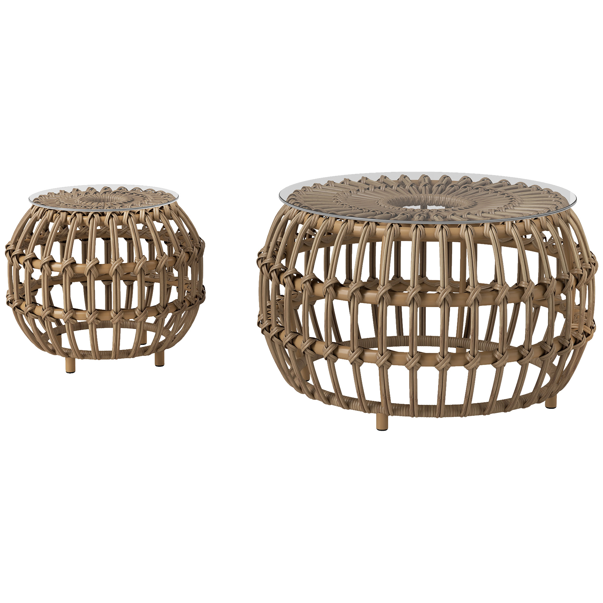 Outsunny 2er Set Beistelltisch Polyrattan Ø66/42 cm rund wetterfest Gartentisch mit Glasplatte Outdoor Balkontisch Couchtisch Gartenmöbel für Garten, Balkon Braun   Aosom