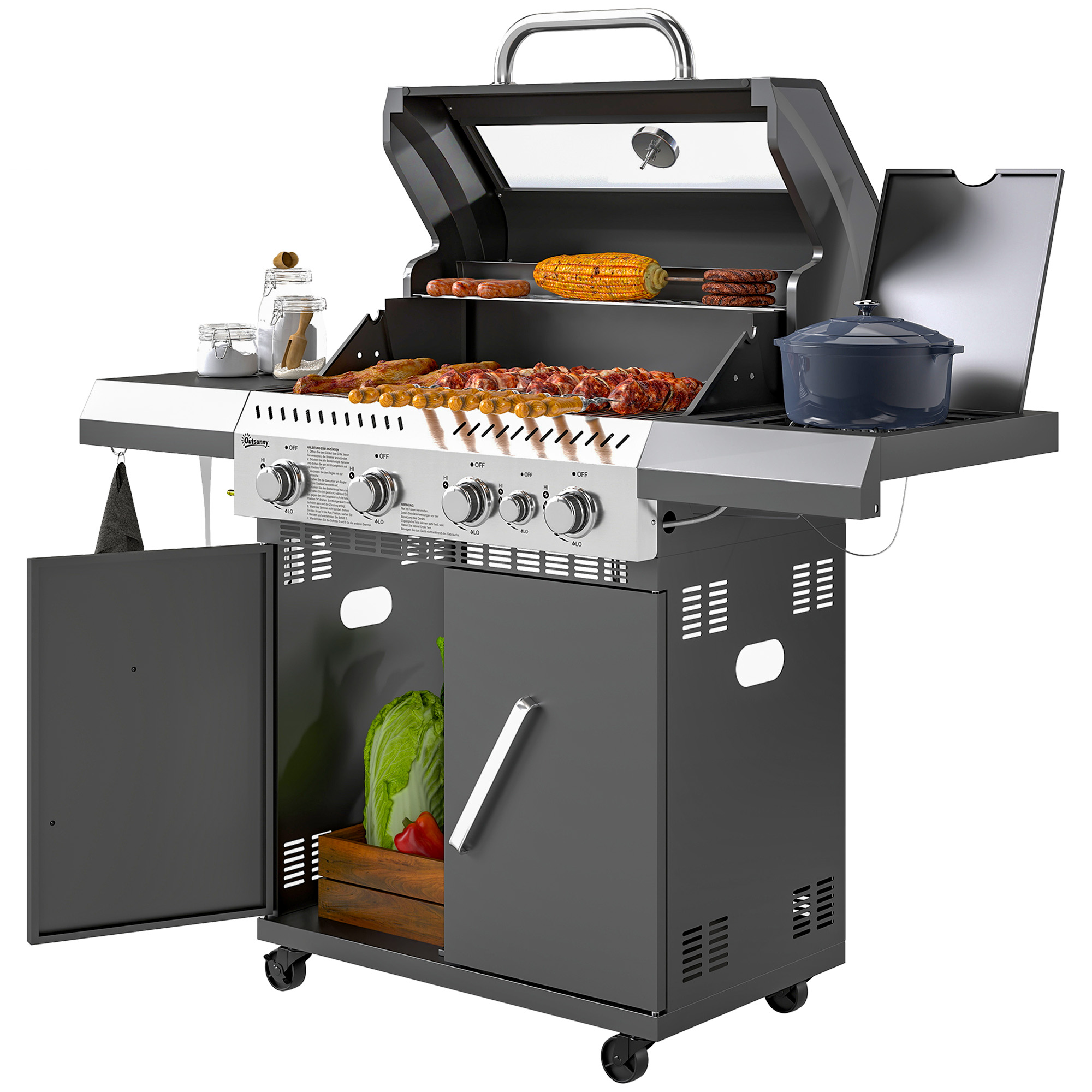 Outsunny Gasgrill 12 KW Grillwagen inkl 5 Brenner Seitenkocher Rolle Druckminderer Deckel Gasschlauch 2 Heizzonen Thermometer Seitenablagen, BBQ Gartengrill für Balkon, Grill 135 x 54 x 110 cm   Aosom