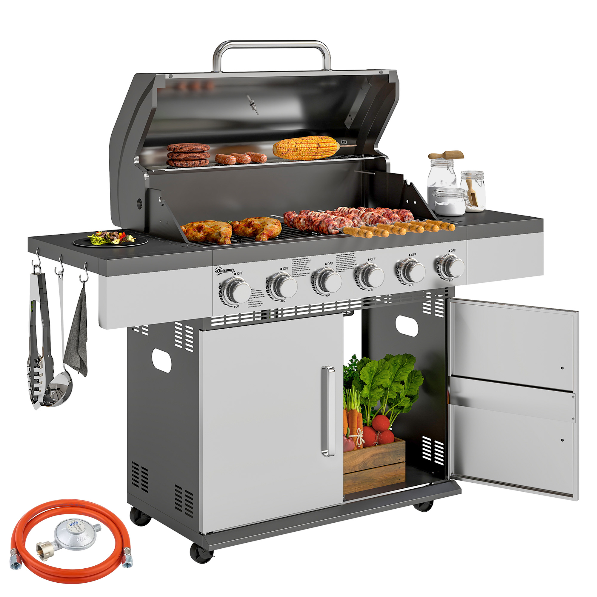 Outsunny Gasgrill 8500BTU Grillwagen inkl 6 Edelstahl-Brenner Rolle Thermometer Druckminderer Gasschlauch Deckel Seitenablagen, BBQ Gartengrill für Balkon, Camping-Grill 141 x 55 x 110 cm   Aosom