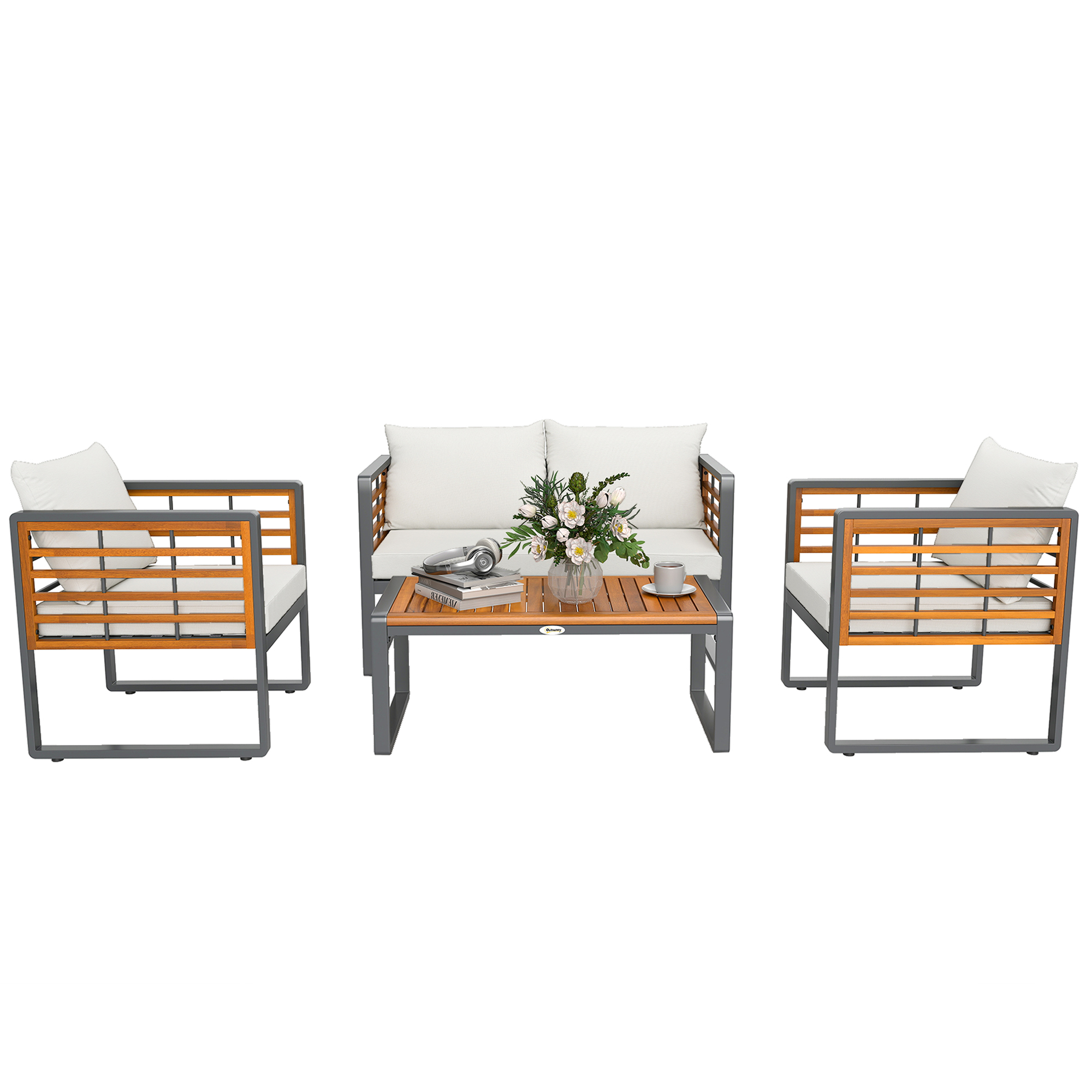 Outsunny Akazienholz Gartenmöbel Set Sitzgruppe für 4 Personen Gartenlounge mit 2er Sofa 2 Sessel Kissen Beistelltisch im Lamellendesign Outdoor Balkonmöbel Terrassenmöbel für Garten Balkon Beige   Aosom