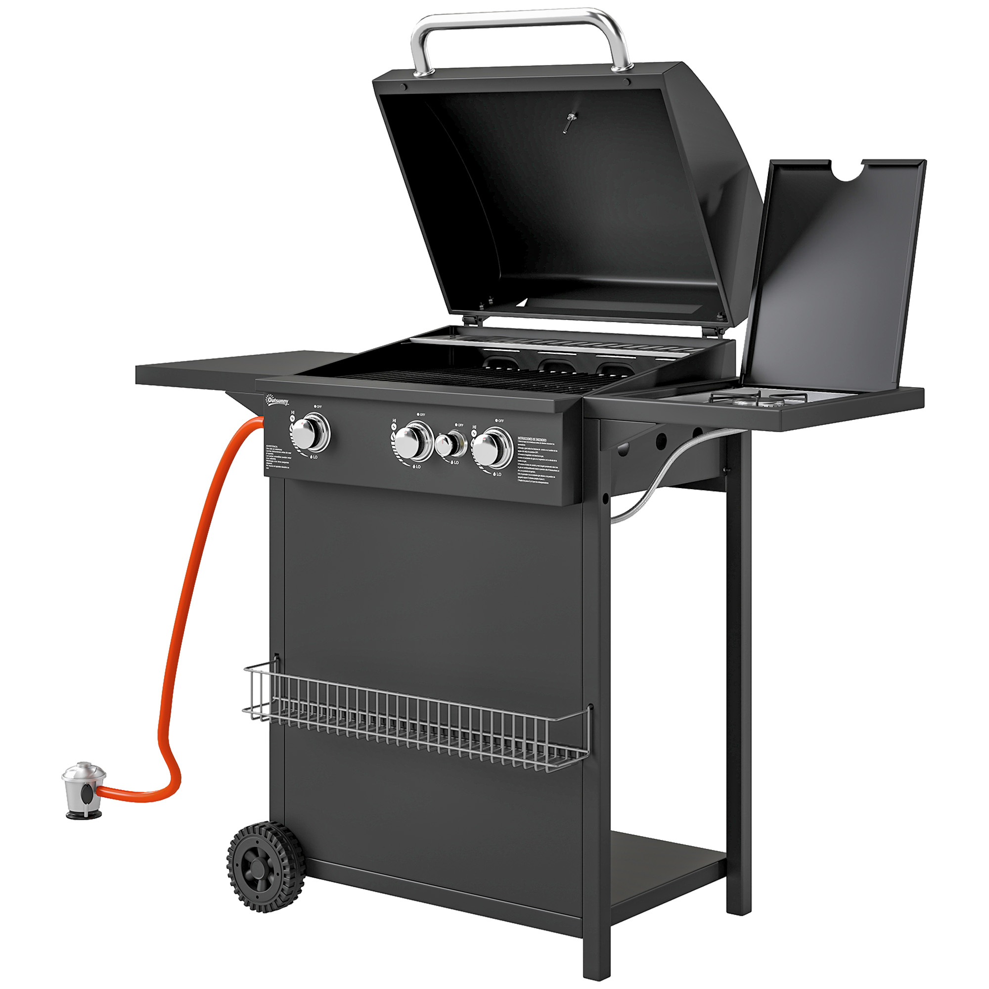 Outsunny Gasgrill 9,5 KW Grillwagen inkl 4 Brenner Seitenkocher Rolle Druckminderer Gasschlauch Deckel 2 Heizzonen Thermometer Seitenablagen, BBQ Gartengrill für Balkon, Grill 123x57x98 cm   Aosom