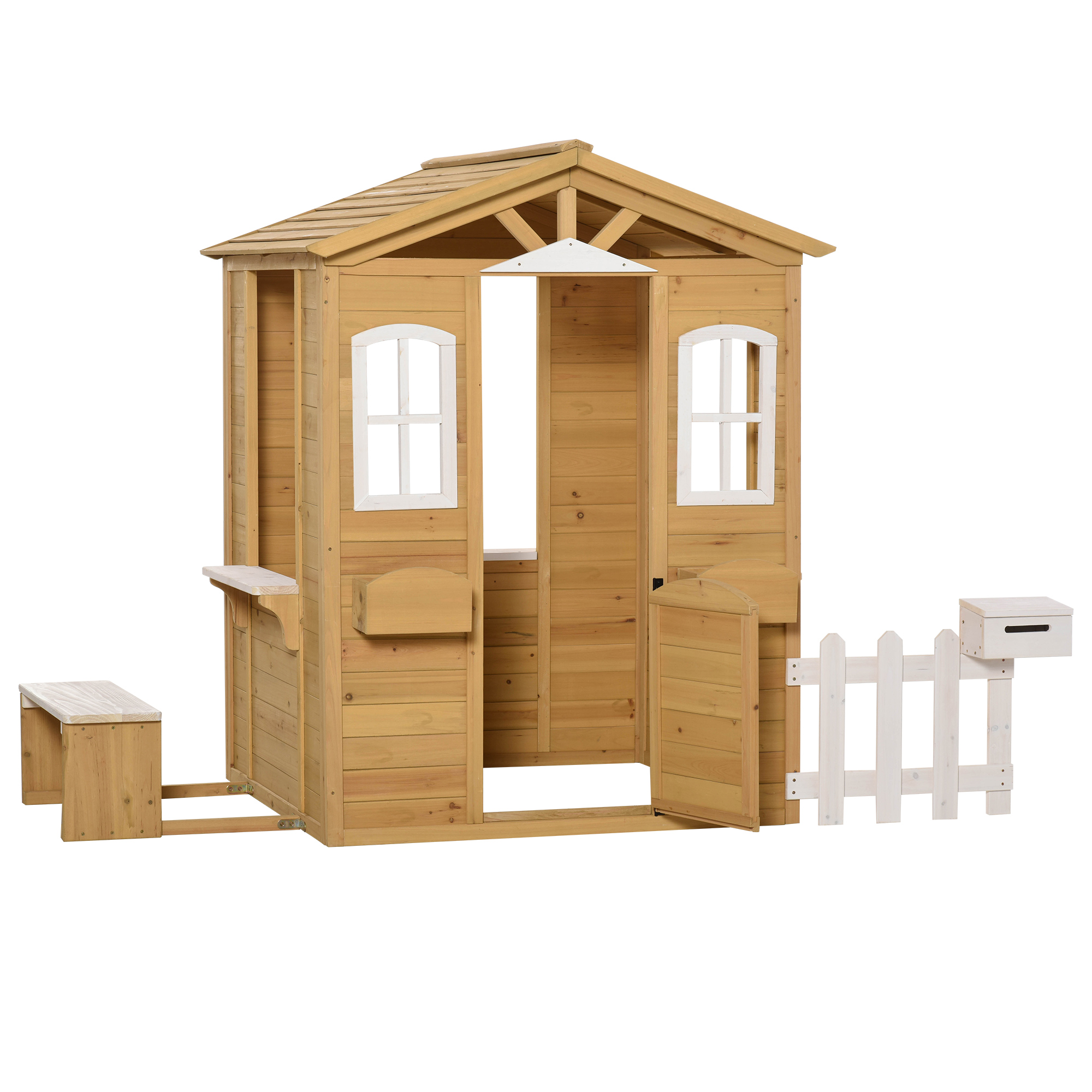 Outsunny Kinderspielhaus aus Holz Spielhaus Outdoor mit Tür, Fenster und Pflanzkasten Briefkasten Bank Gartenhaus Kinderhaus für Kinder 3-6 Jahre   Aosom