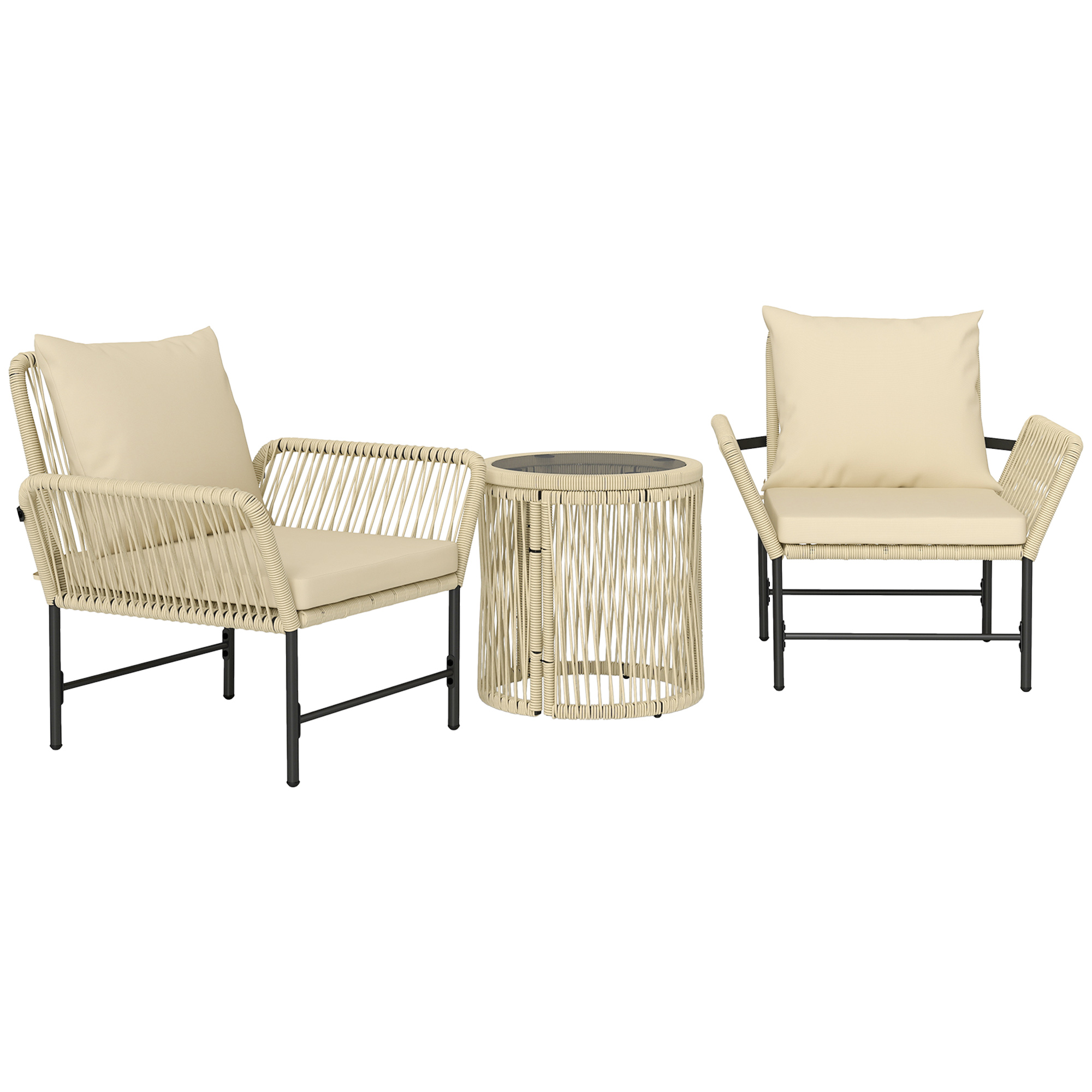 Outsunny Polyrattan Gartenmöbel Set, Outdoor Lounge Balkonmöbel für 2 Personen, 3-teilig Sitzgruppe mit 2 Stühle, Beistelltisch Sitzkissen, wetterfest Gartenlounge für Garten, Balkon, Khaki+Beige   Aosom
